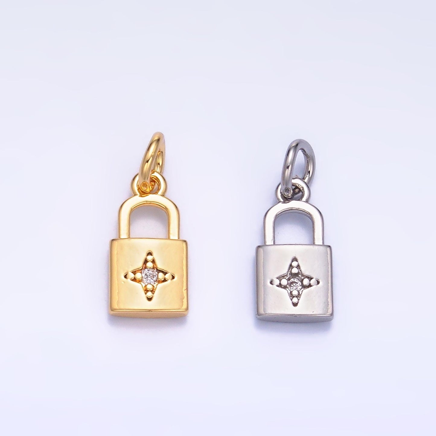 24K Gold Filled CZ Celestial Star Padlock Charm in Gold & Silver | E825