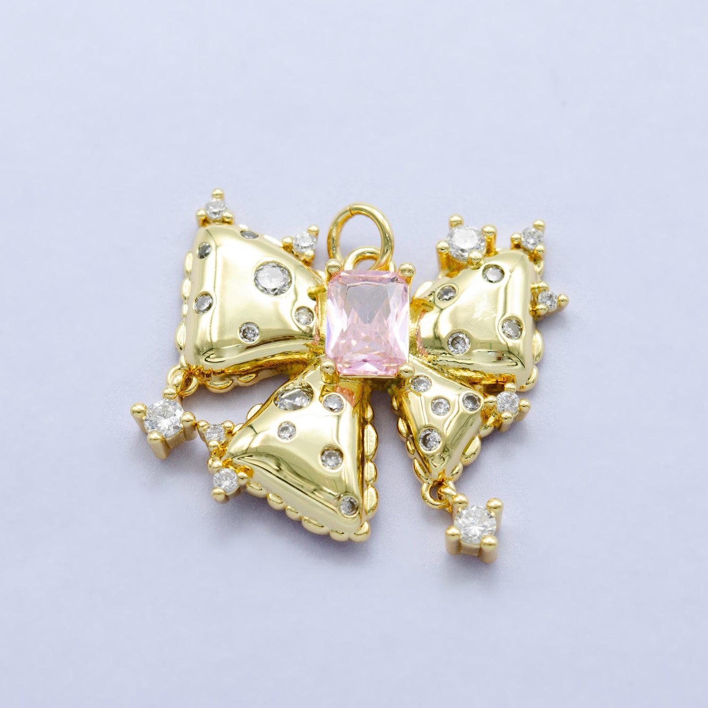 Big Pink 24k gold filled bow charms cz charm pink micro pave bow mini bow pendant cubic zirconia charm for bracelet necklace M-315