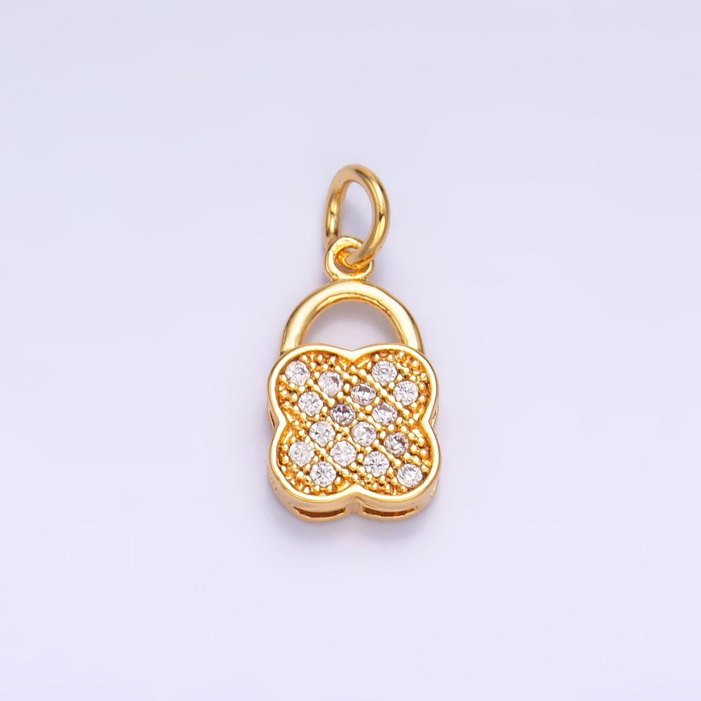 24K Gold Filled Micro Paved Quatrefoil Padlock Charm in Gold & Silver | W870