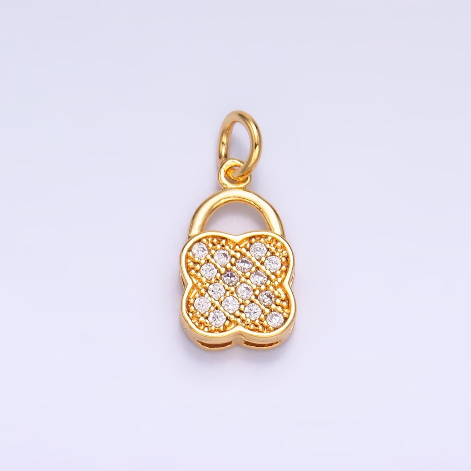 24K Gold Filled Micro Paved Quatrefoil Padlock Charm in Gold & Silver | W870
