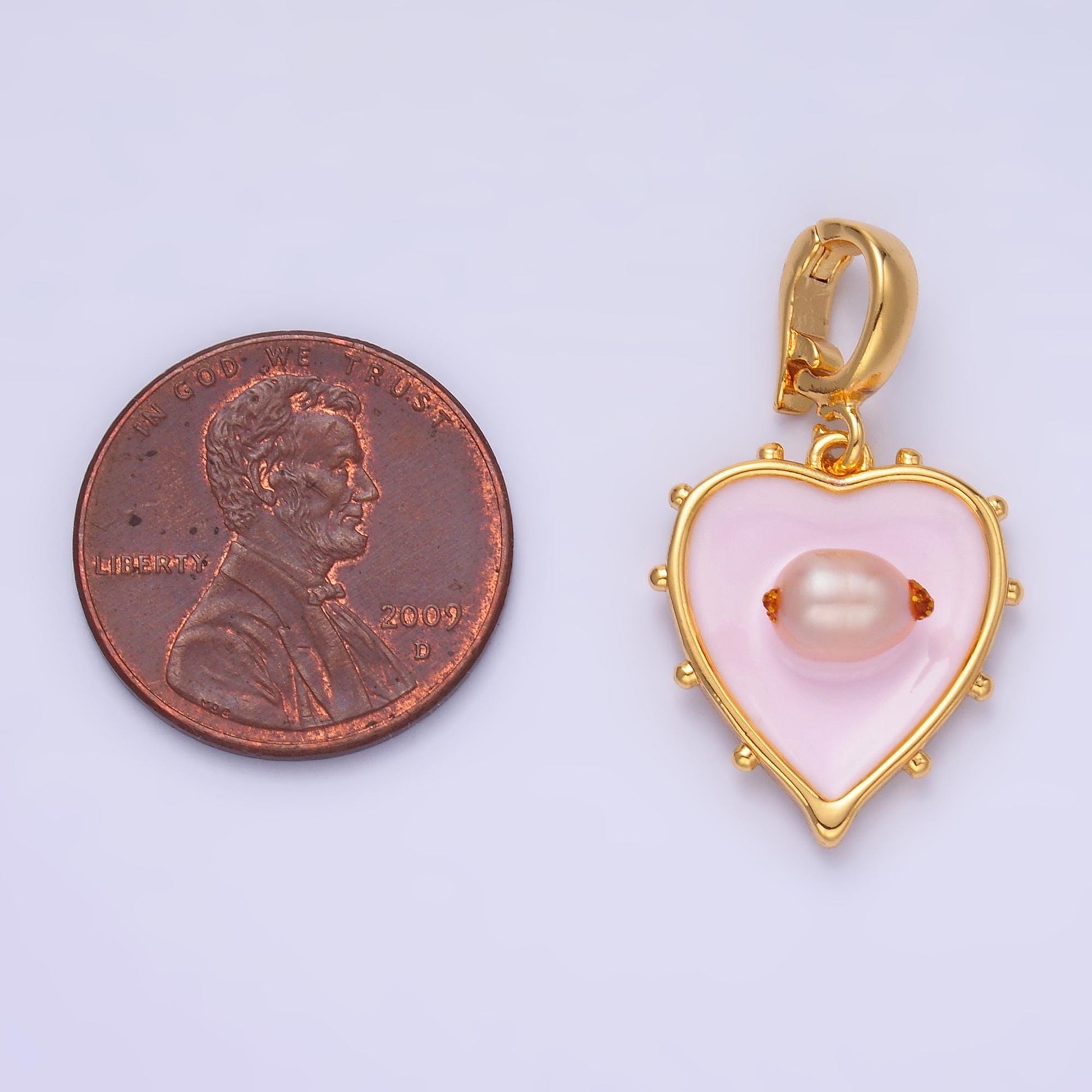 Heart Charm 18x16mm enamel with pearl beads 24k Gold Filled Charm for Bracelets and Necklaces with Enhancer Bail AA-1463