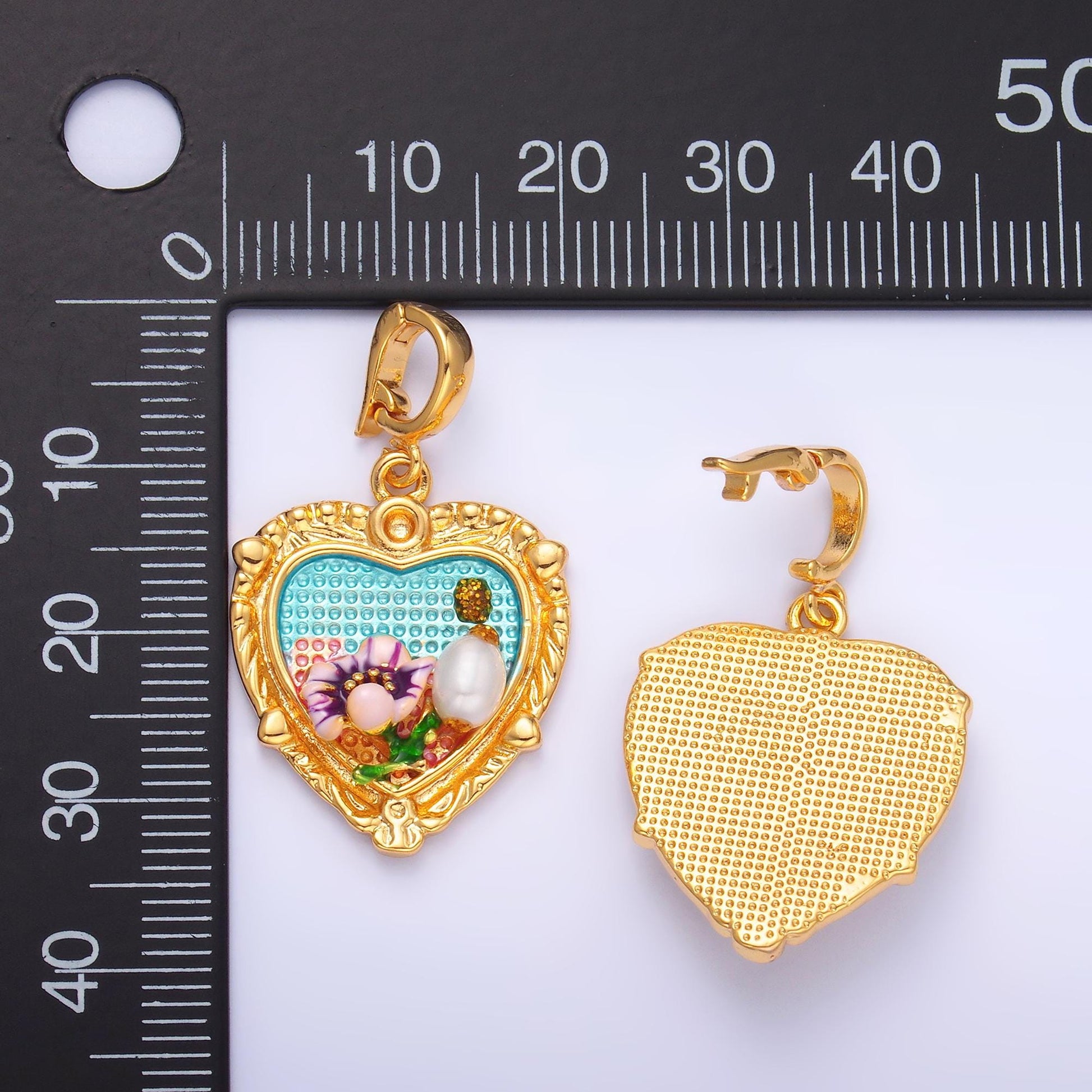 Colorful Artsy Heart Charm 24x20mm enamel with pearl beads 24k Gold Filled Charm for Bracelets and Necklaces with Enhancer Bail AA-1470