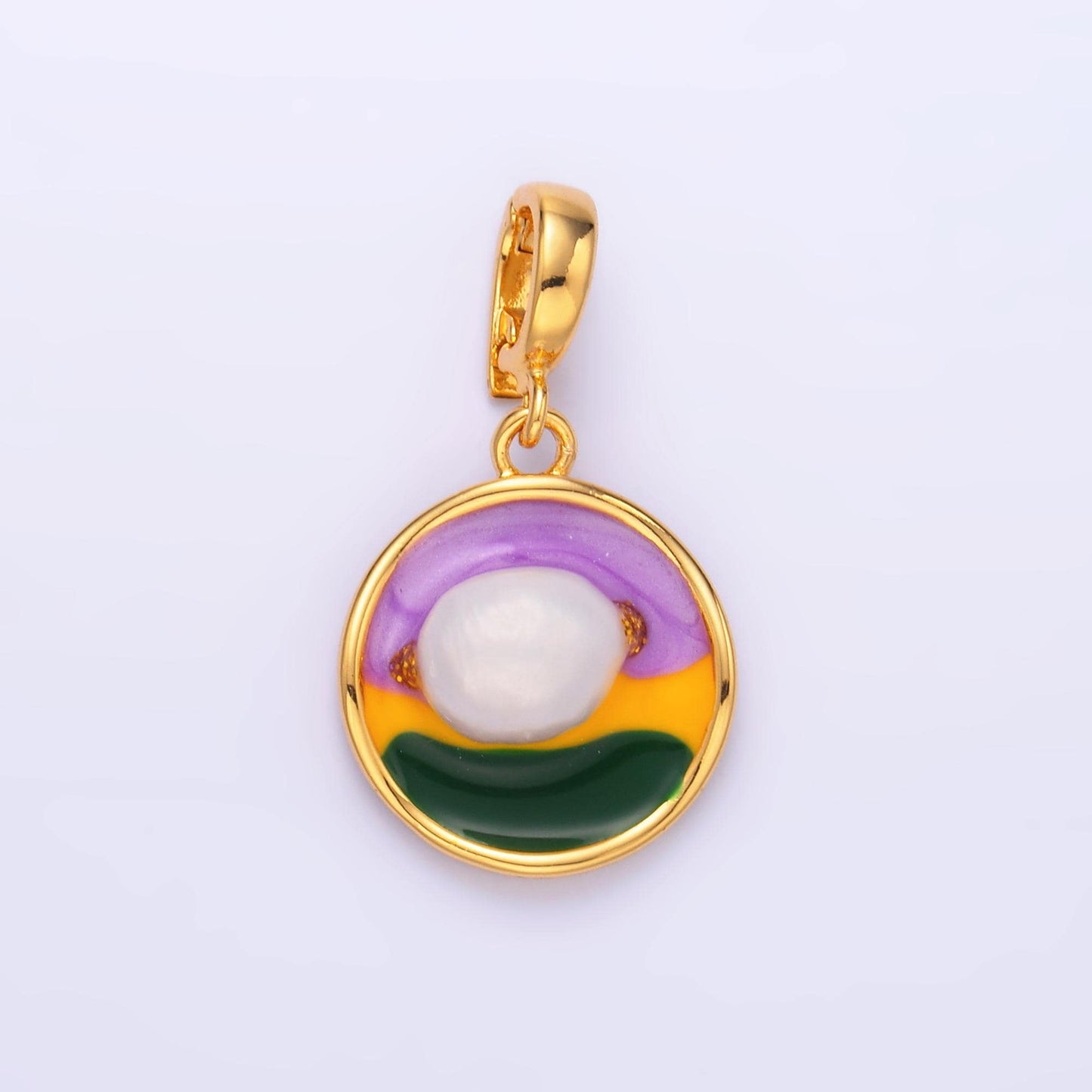 Colorful Artsy Coin Charm 19x16mm enamel with pearl beads 24k Gold Filled Charm for Bracelets and Necklaces with Enhancer Bail AA-1469