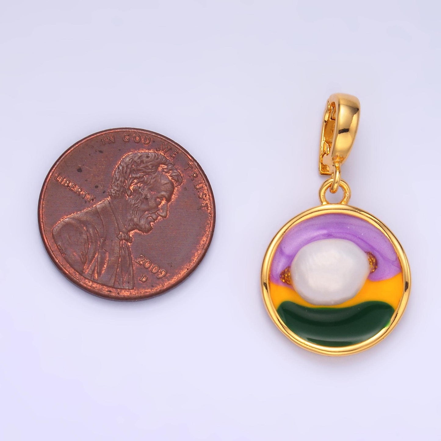 Colorful Artsy Coin Charm 19x16mm enamel with pearl beads 24k Gold Filled Charm for Bracelets and Necklaces with Enhancer Bail AA-1469