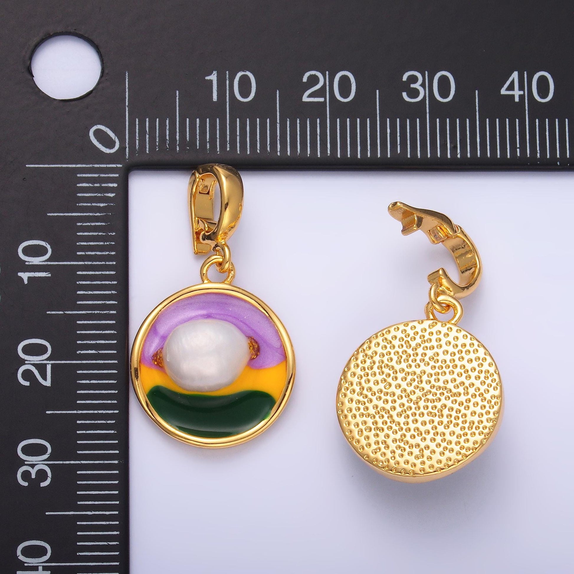 Colorful Artsy Coin Charm 19x16mm enamel with pearl beads 24k Gold Filled Charm for Bracelets and Necklaces with Enhancer Bail AA-1469