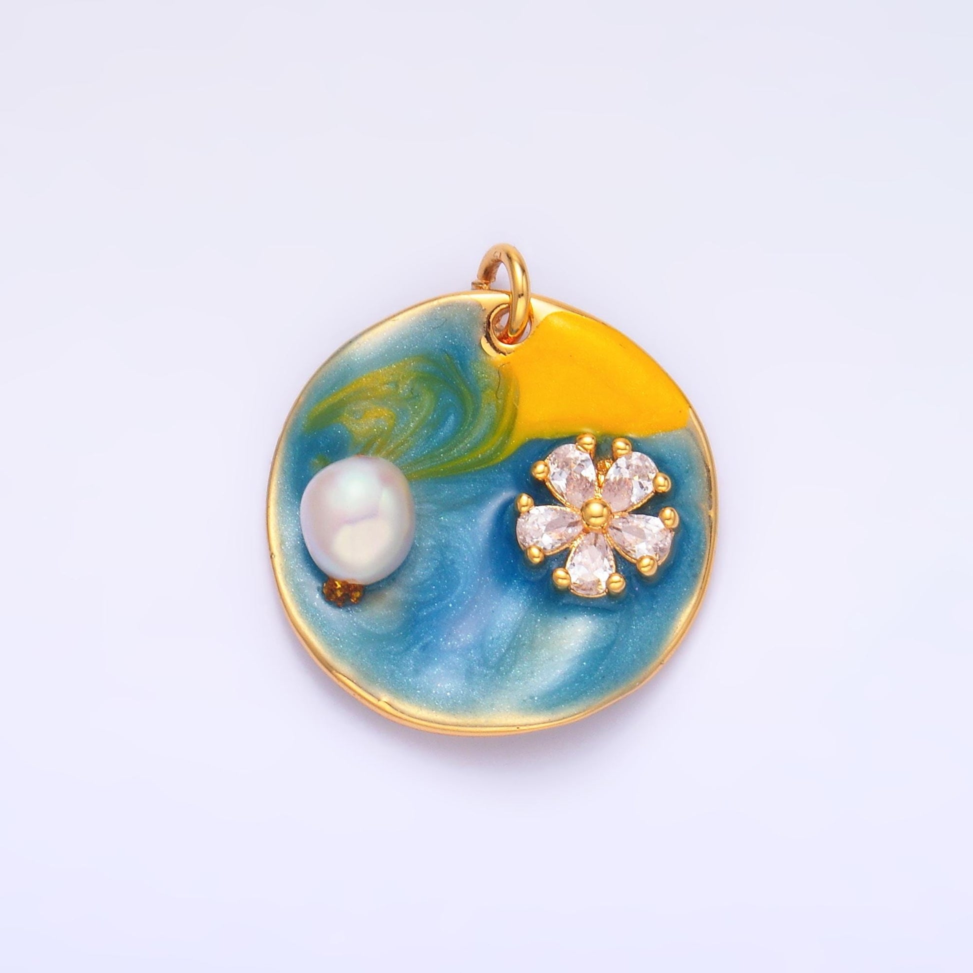 Beautiful Pearl Painting enamel pastel colors CZ flower 24k gold filled pendant | M-259