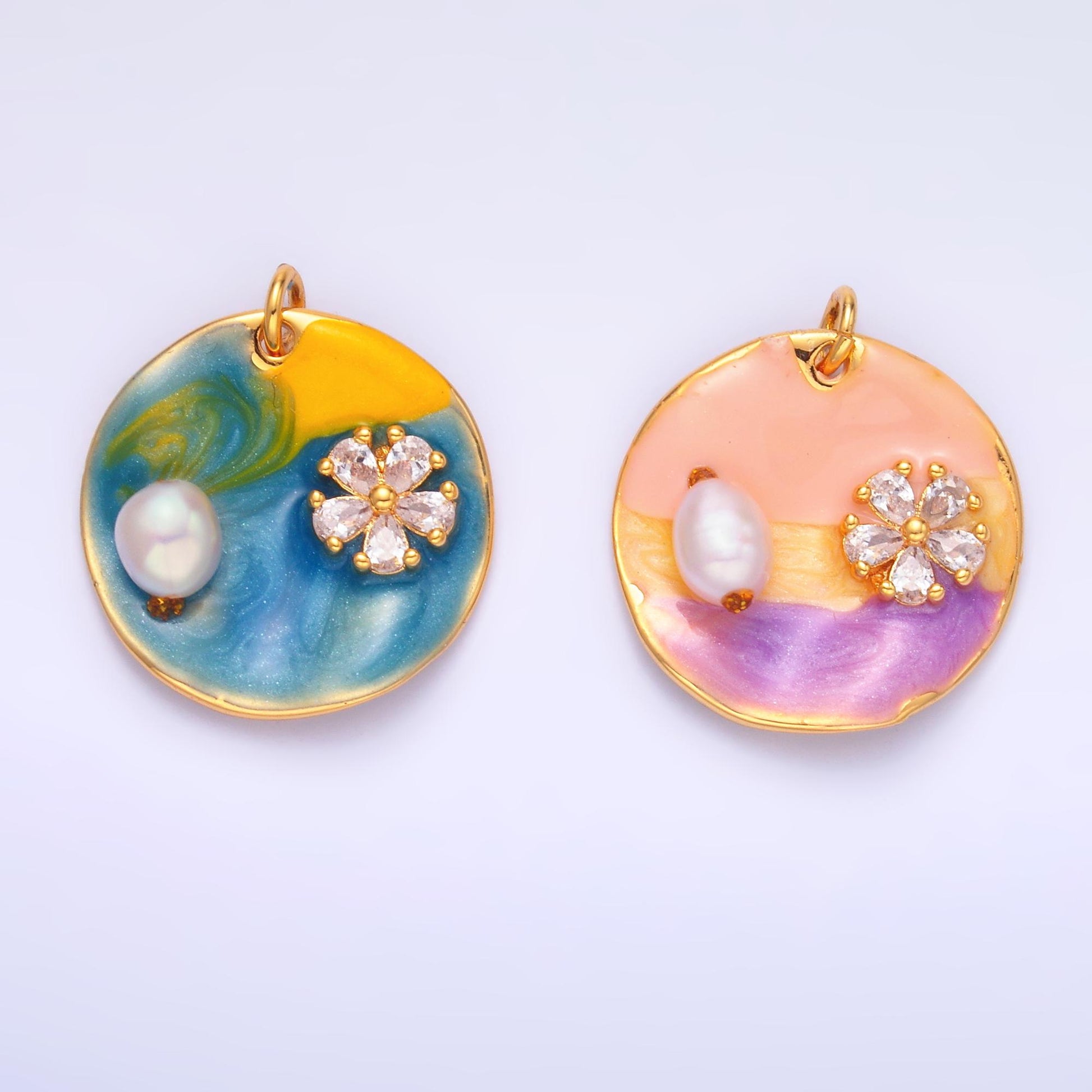 Beautiful Pearl Painting enamel pastel colors CZ flower 24k gold filled pendant | M-259