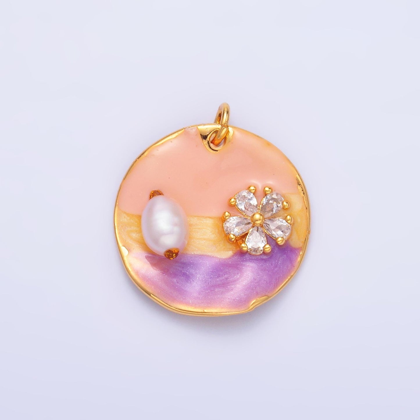 Beautiful Pearl Painting enamel pastel colors CZ flower 24k gold filled pendant | M-259