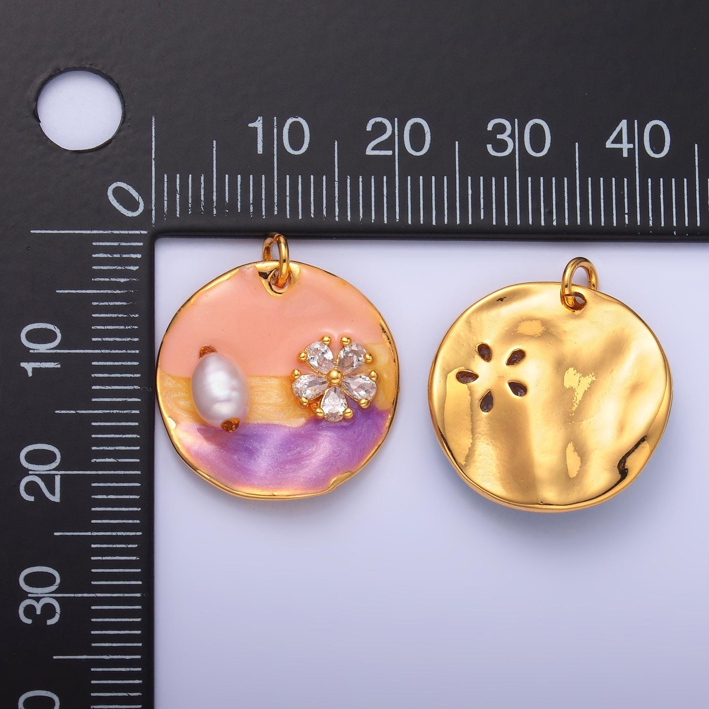 Beautiful Pearl Painting enamel pastel colors CZ flower 24k gold filled pendant | M-259