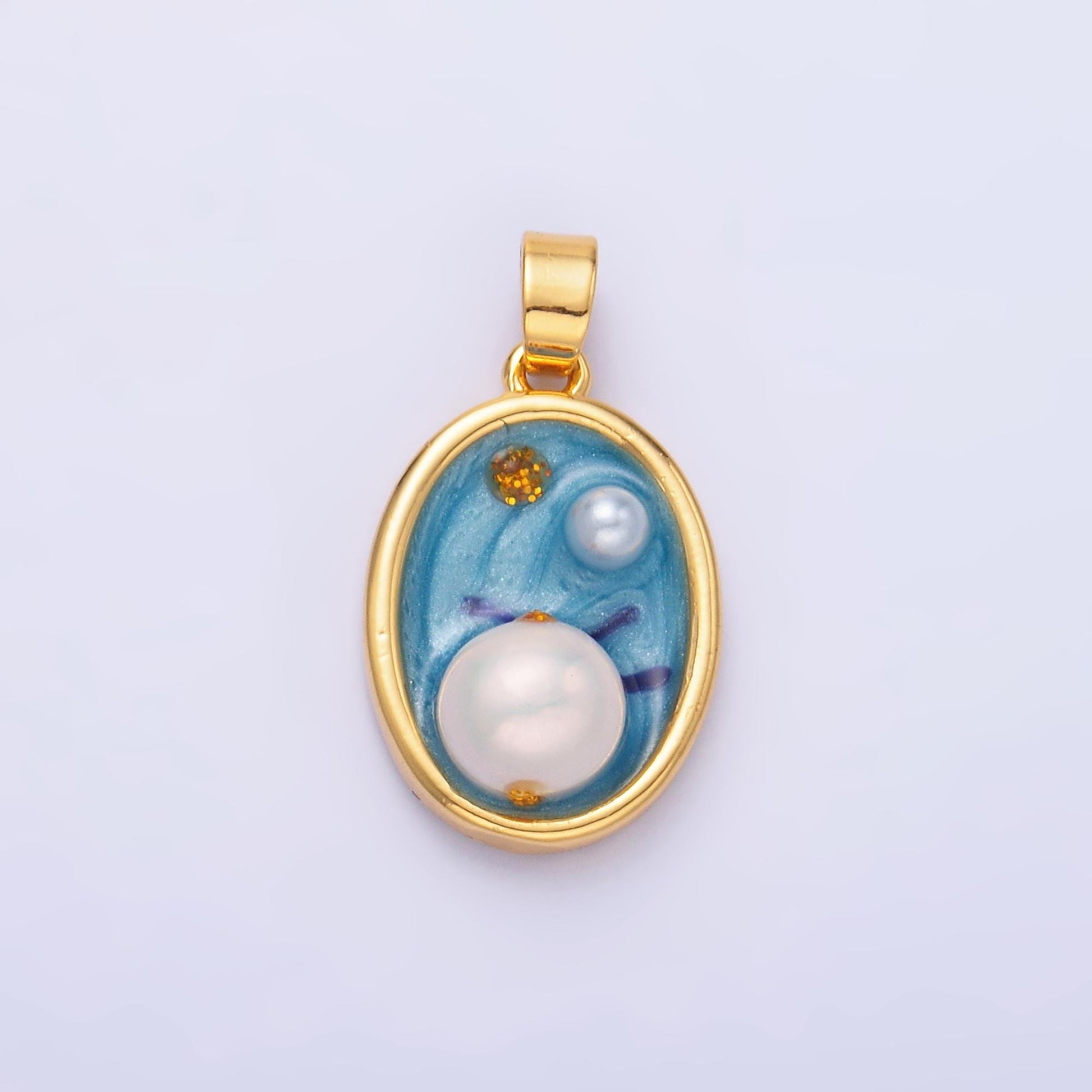 Oval Pearl Blue Sky enamel pastel colors Charm 24k gold filled pendant | AA-1471