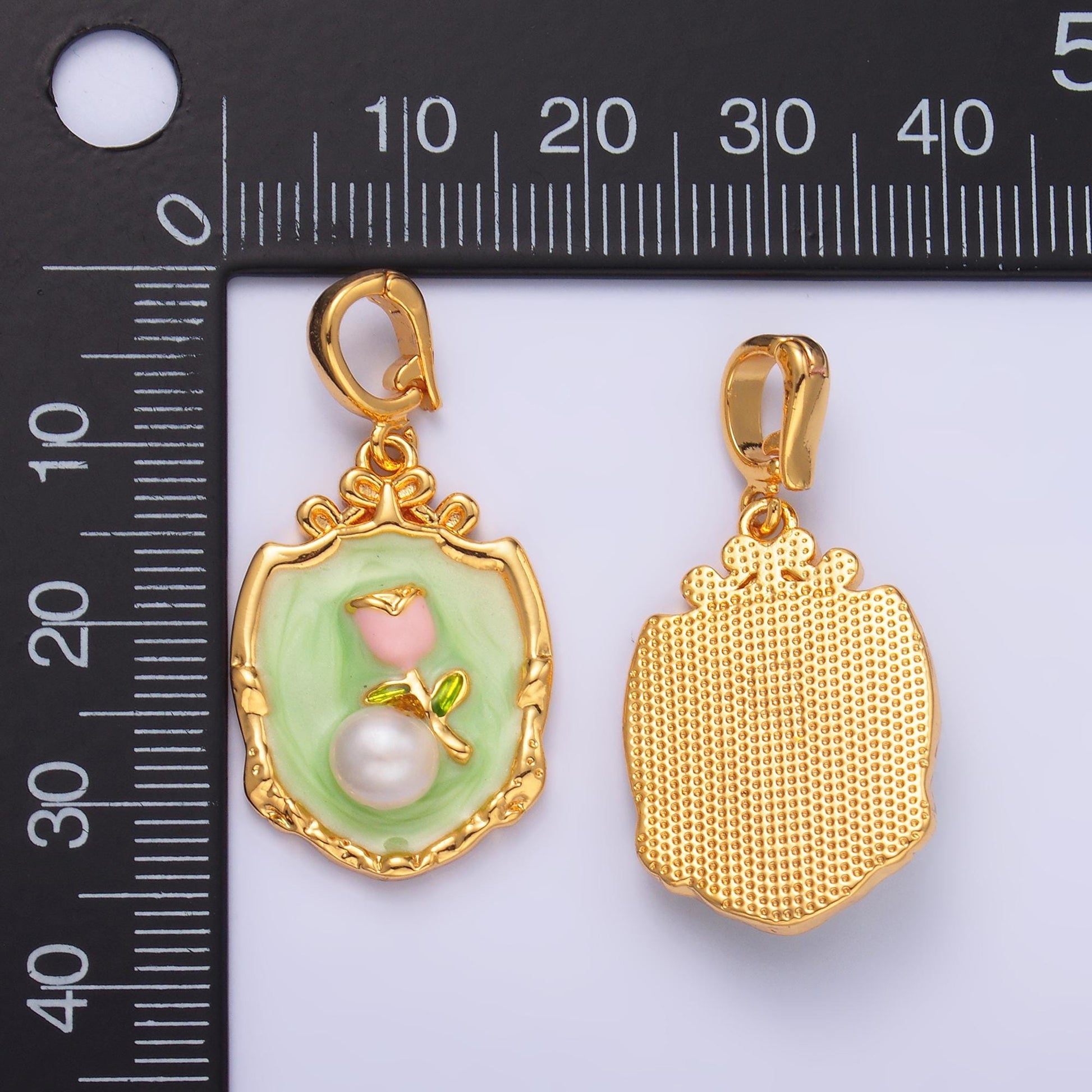 Green Pearl Tulip enamel pastel colors stamped flower 24k gold filled snap latch bail pendant | AA-1462