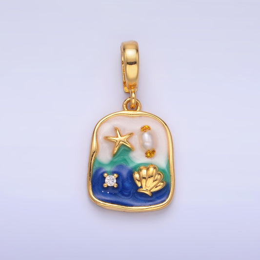 Pearl Starfish Clam Beach Inspired enamel colors 24k gold filled snap latch bail pendant | AA1466