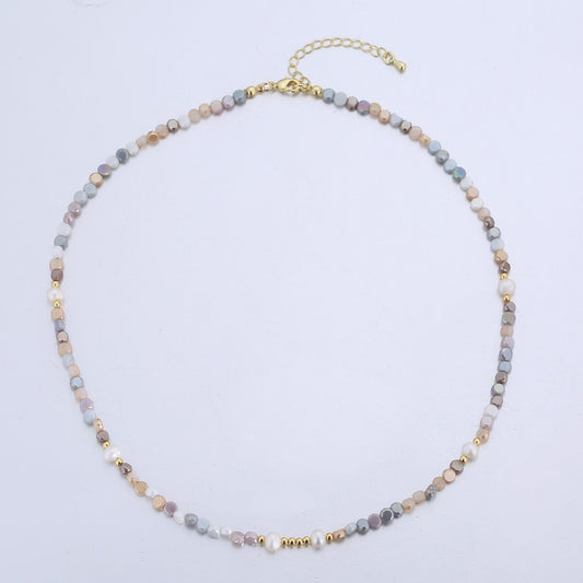 Handmade Colorful Pastel Glass Beaded Necklace Pink Khakis Brown Pastel Rondell Beads Necklace | WA-2974