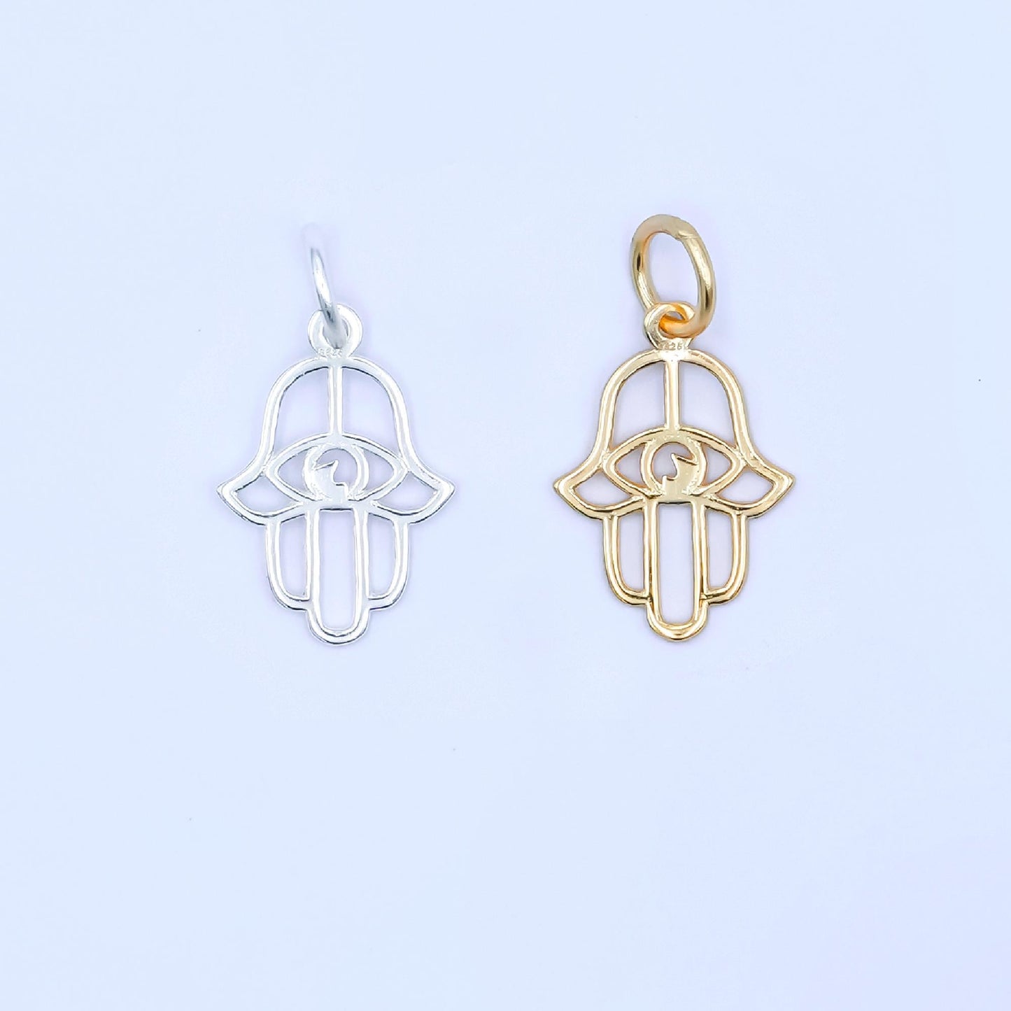 Mini S925 Sterling Silver Hamsa Hand Charm Hand of Fatima Amulet Religious Protection Pendant Gold Vermeil Evil Eye Ancient Symbol SL-645