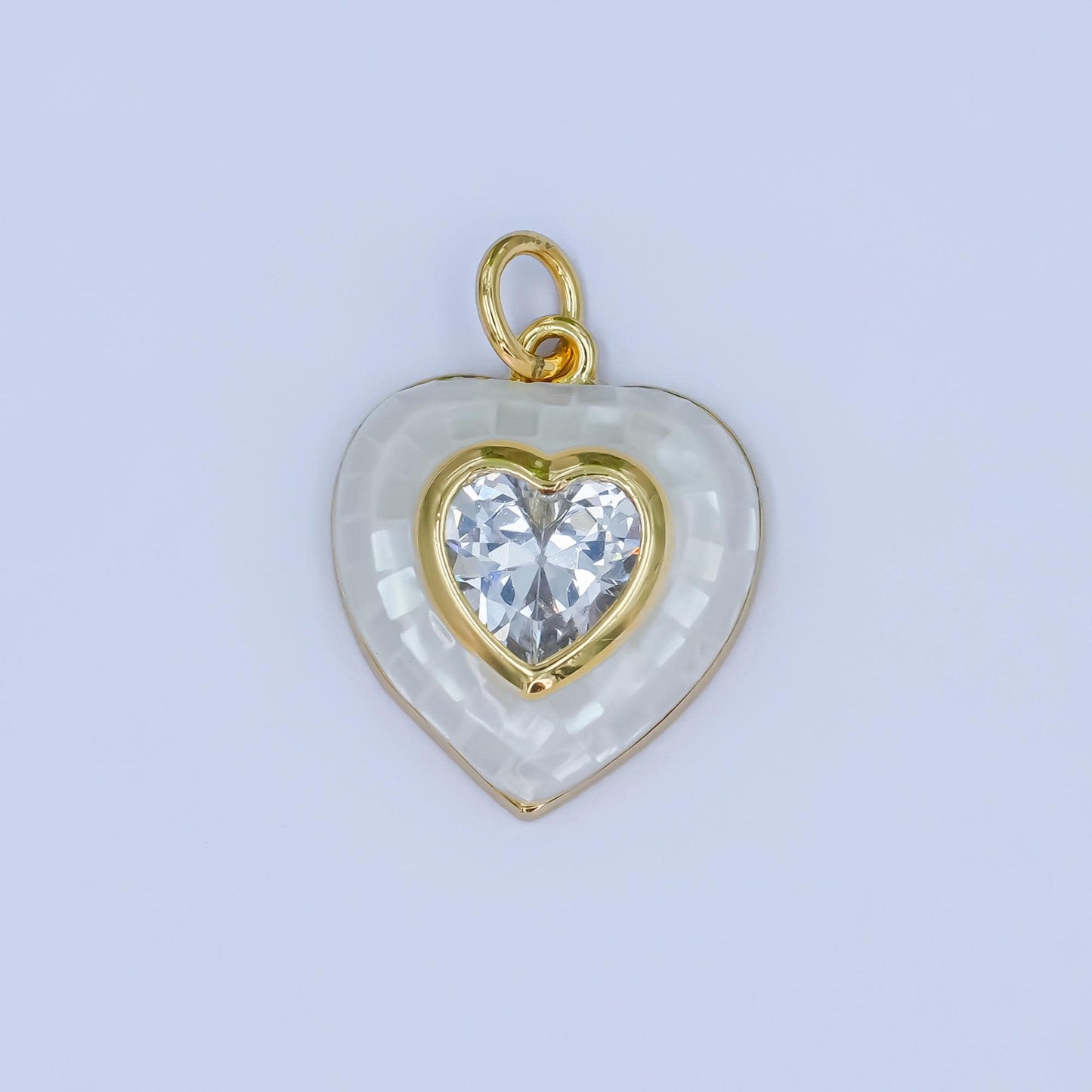 Gold White Opal Pendant Dainty Heart White checkers pendant CZ gold heart charm for Minimalist Jewelry Making Supply M-321