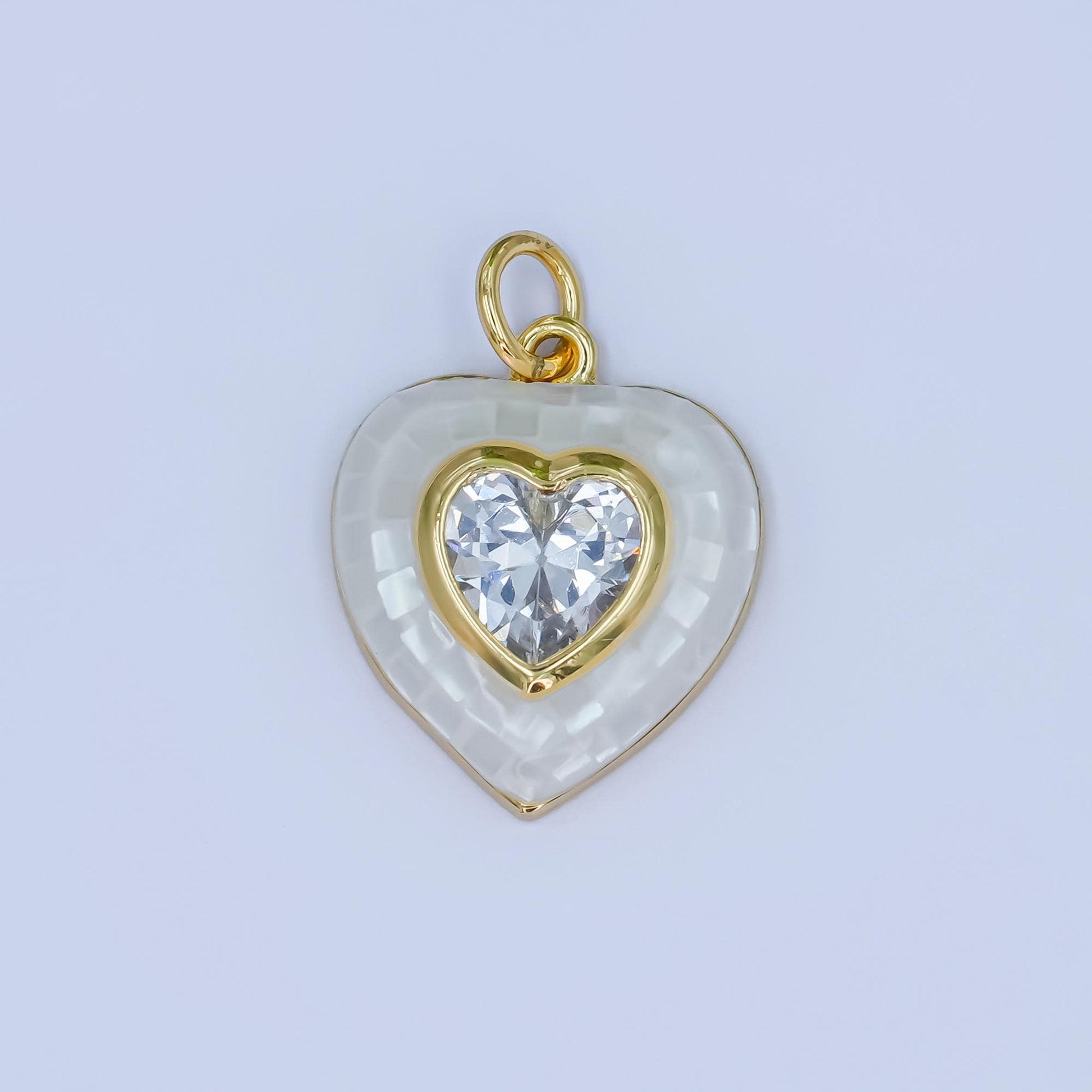 Gold White Opal Pendant Dainty Heart White checkers pendant CZ gold heart charm for Minimalist Jewelry Making Supply M-321