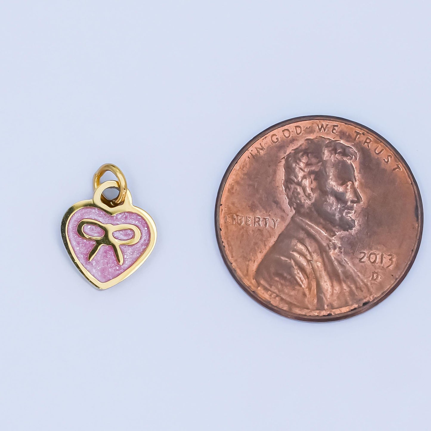 Dainty gold Pink enamel heart charm stainless steel Bow pendant for necklace bracelet earring component P-1208