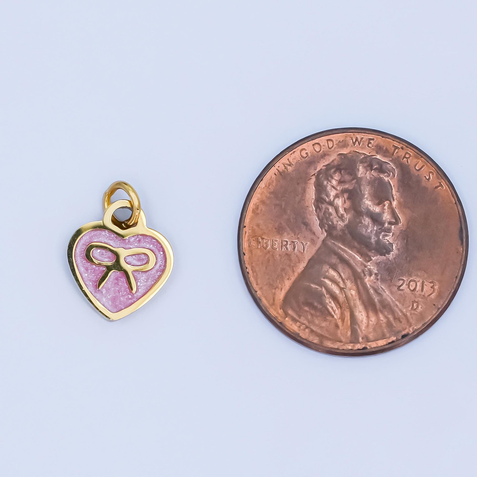 Dainty gold Pink enamel heart charm stainless steel Bow pendant for necklace bracelet earring component P-1208