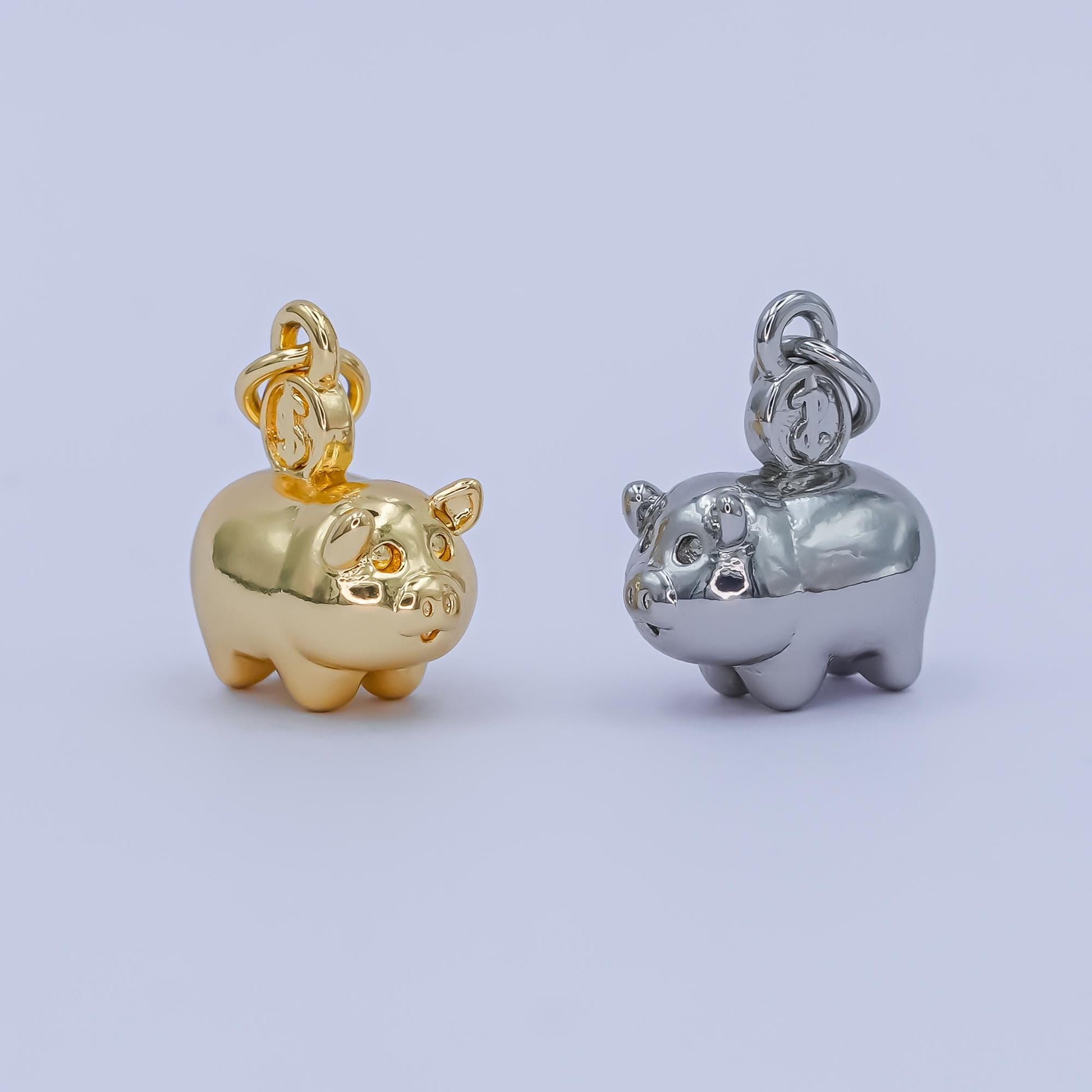 Cute Mini Piggy Bank Charm with Dollar Coin in Gold or Silver M-188