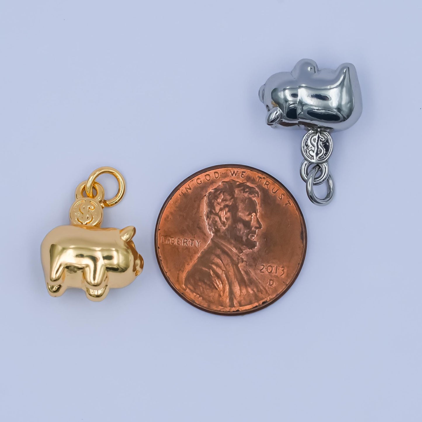 Cute Mini Piggy Bank Charm with Dollar Coin in Gold or Silver M-188