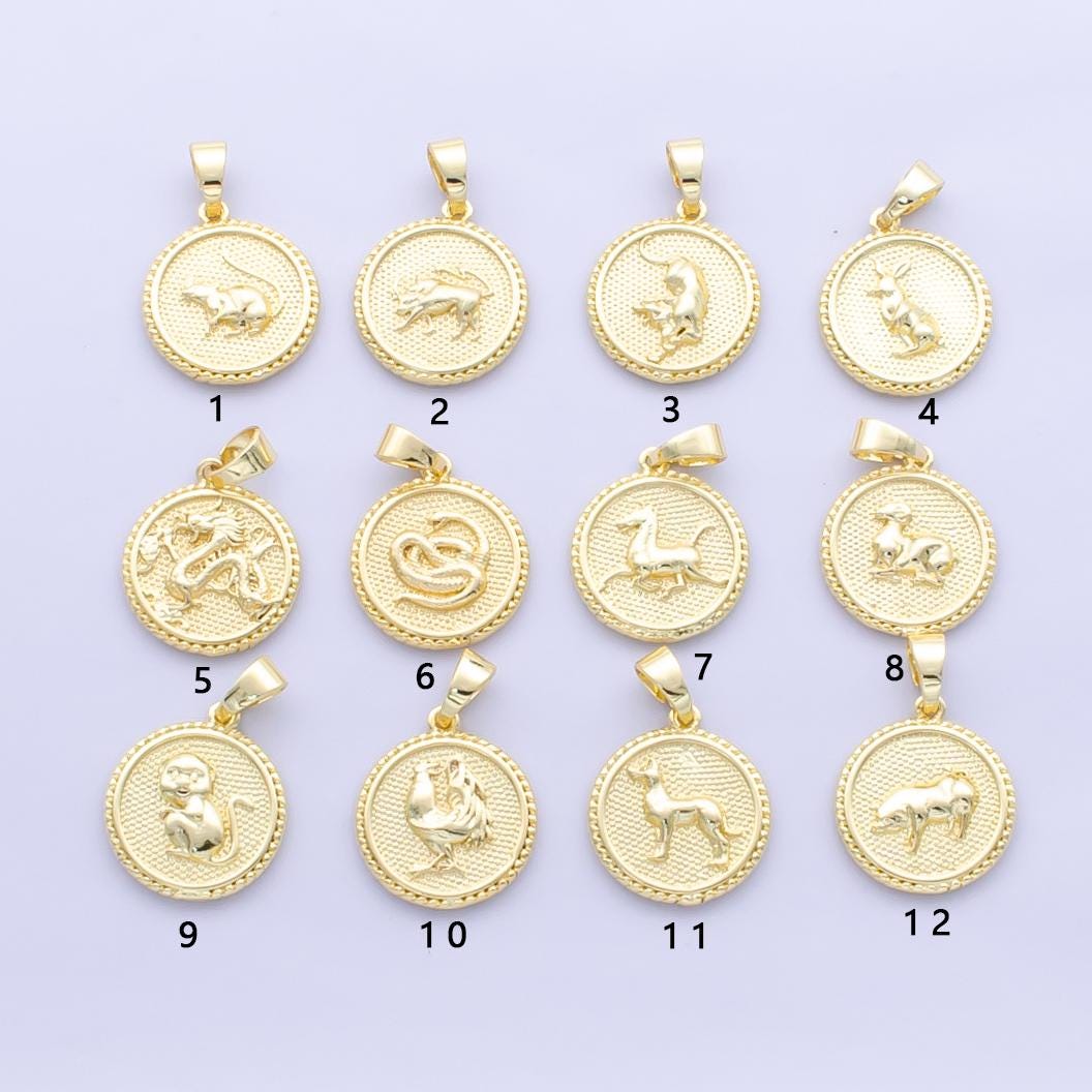 Dainty 24k Gold Filled Chinese Zodiac Charm 12 animal round coin Medallion Pendant for Bracelet Necklace Component Oriental Asian | A1319