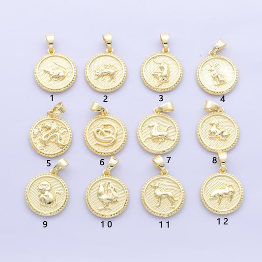 Dainty 24k Gold Filled Chinese Zodiac Charm 12 animal round coin Medallion Pendant for Bracelet Necklace Component Oriental Asian | A1319