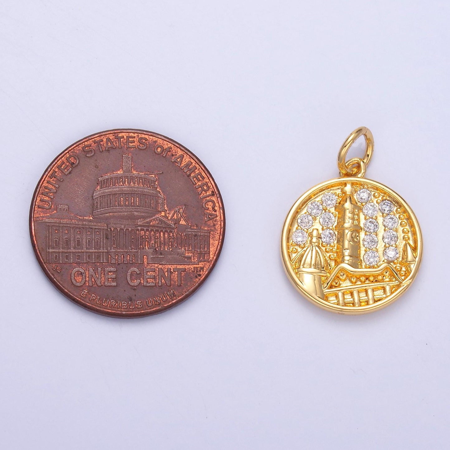 Micro pave Coin Charm Building Castel Charm Travel Jewelry C049