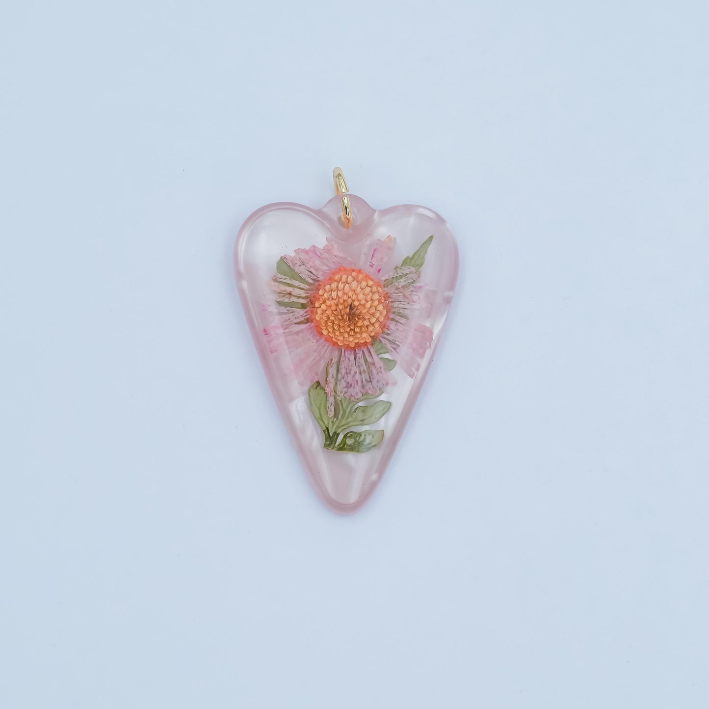 Handmade Pressed Zinnia Heart Pendant – Real Flower Resin Charm for Necklace Earring or DIY Jewelry Making N-065