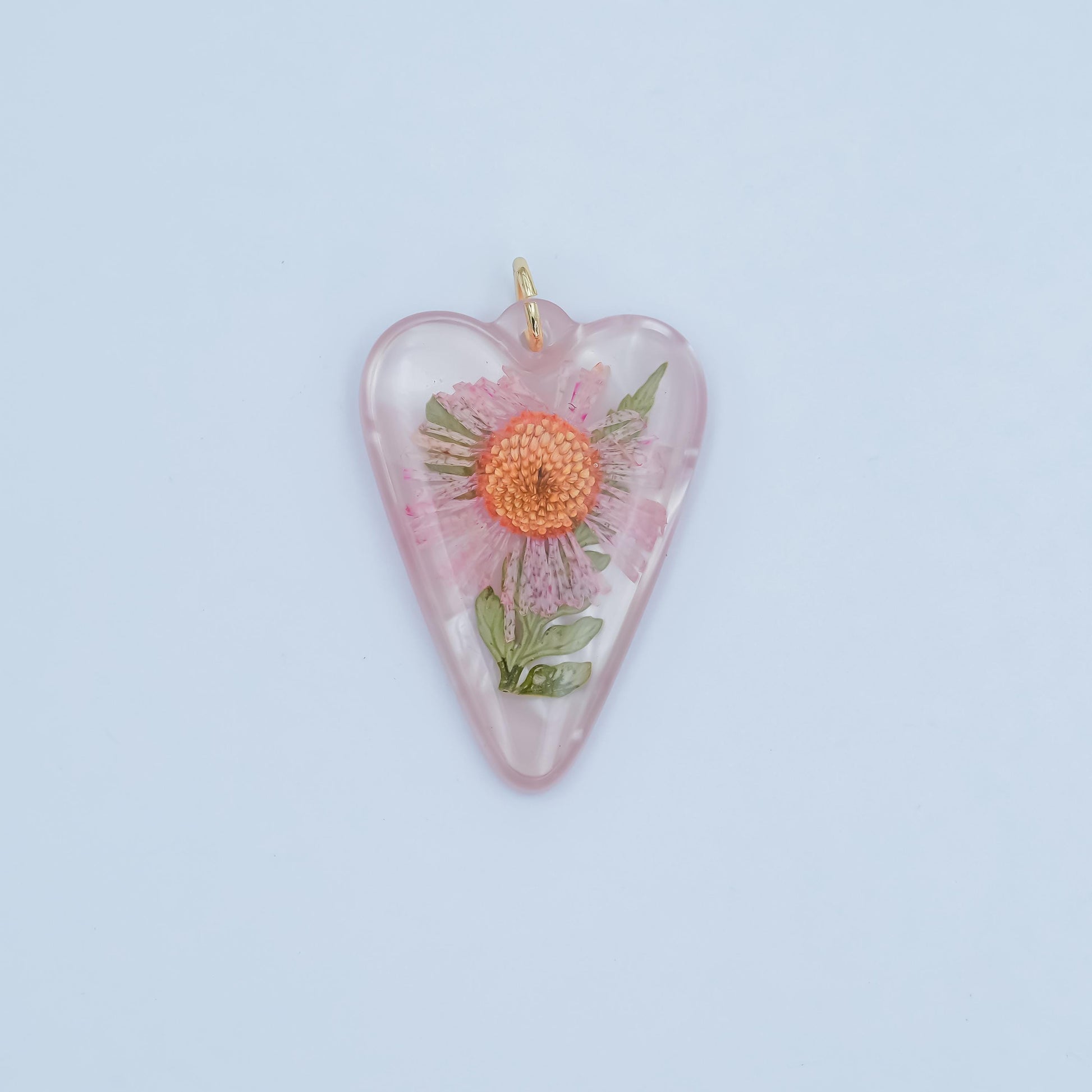 Handmade Pressed Zinnia Heart Pendant – Real Flower Resin Charm for Necklace Earring or DIY Jewelry Making N-065