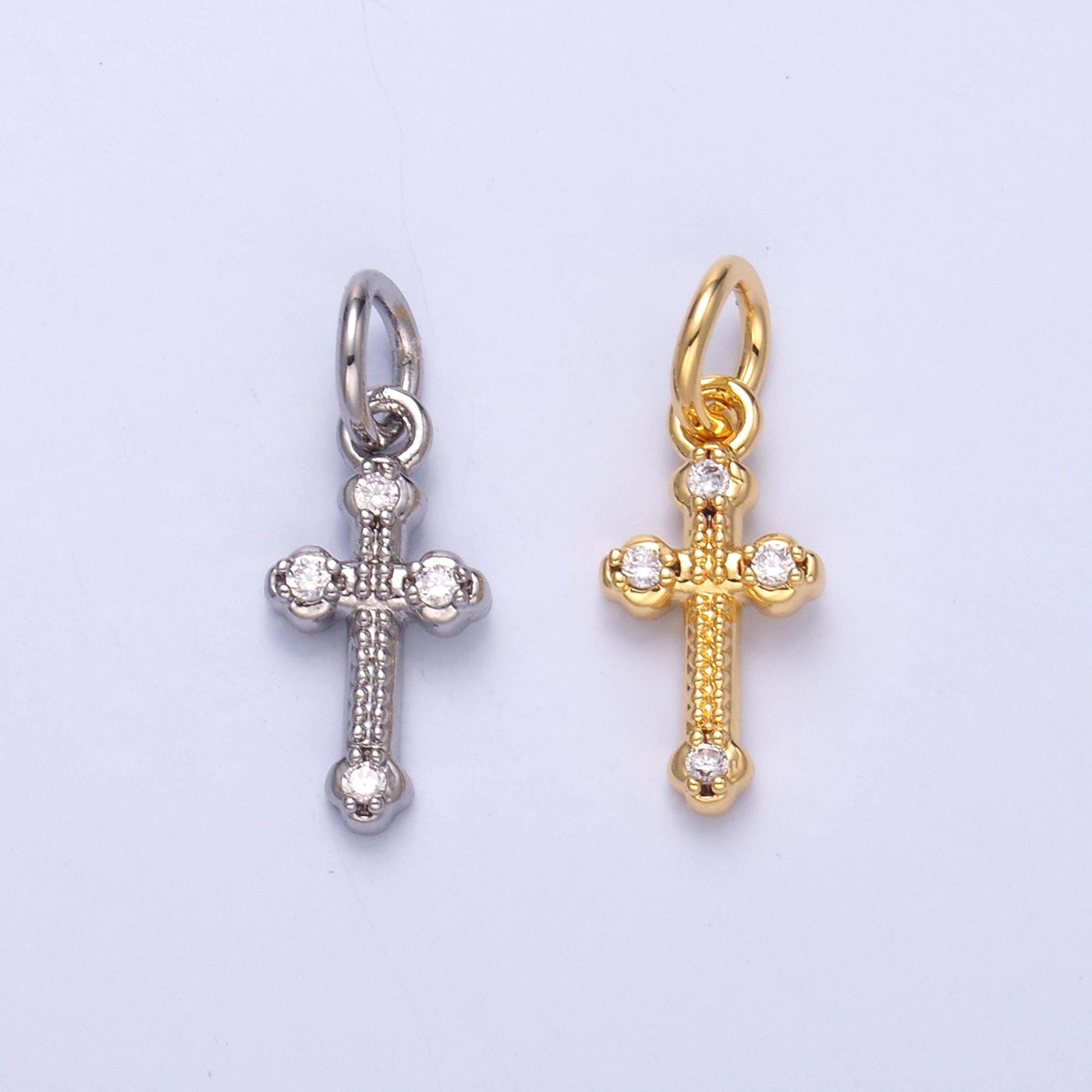 Tiny Old Vatican Cross Charm 24K Gold Filled Clear CZ Religious Cross Mini Charm in Gold & Silver | N007