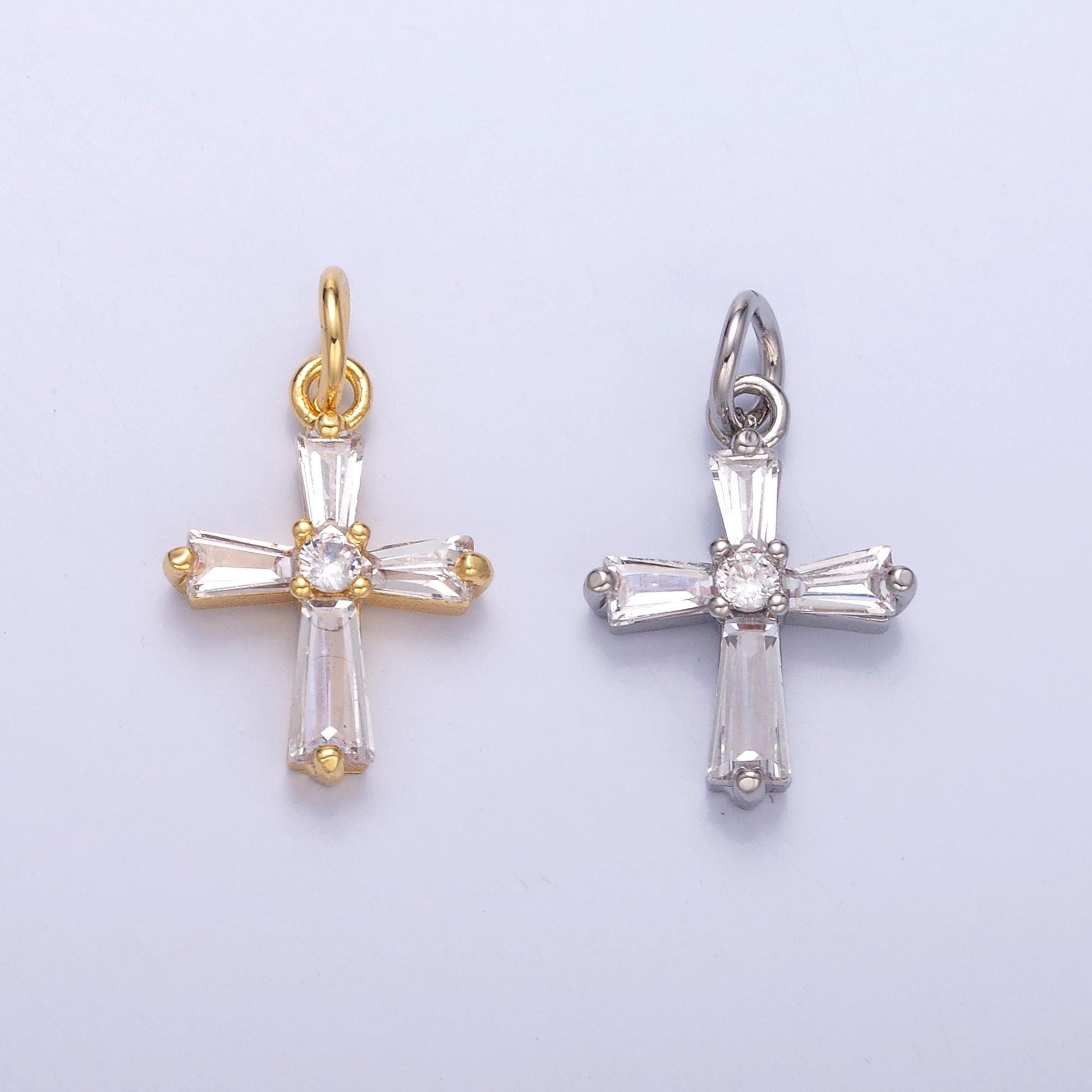 Mini cross charm 24k gold Filled baguette cz religious pendant silver tone cross charm C076