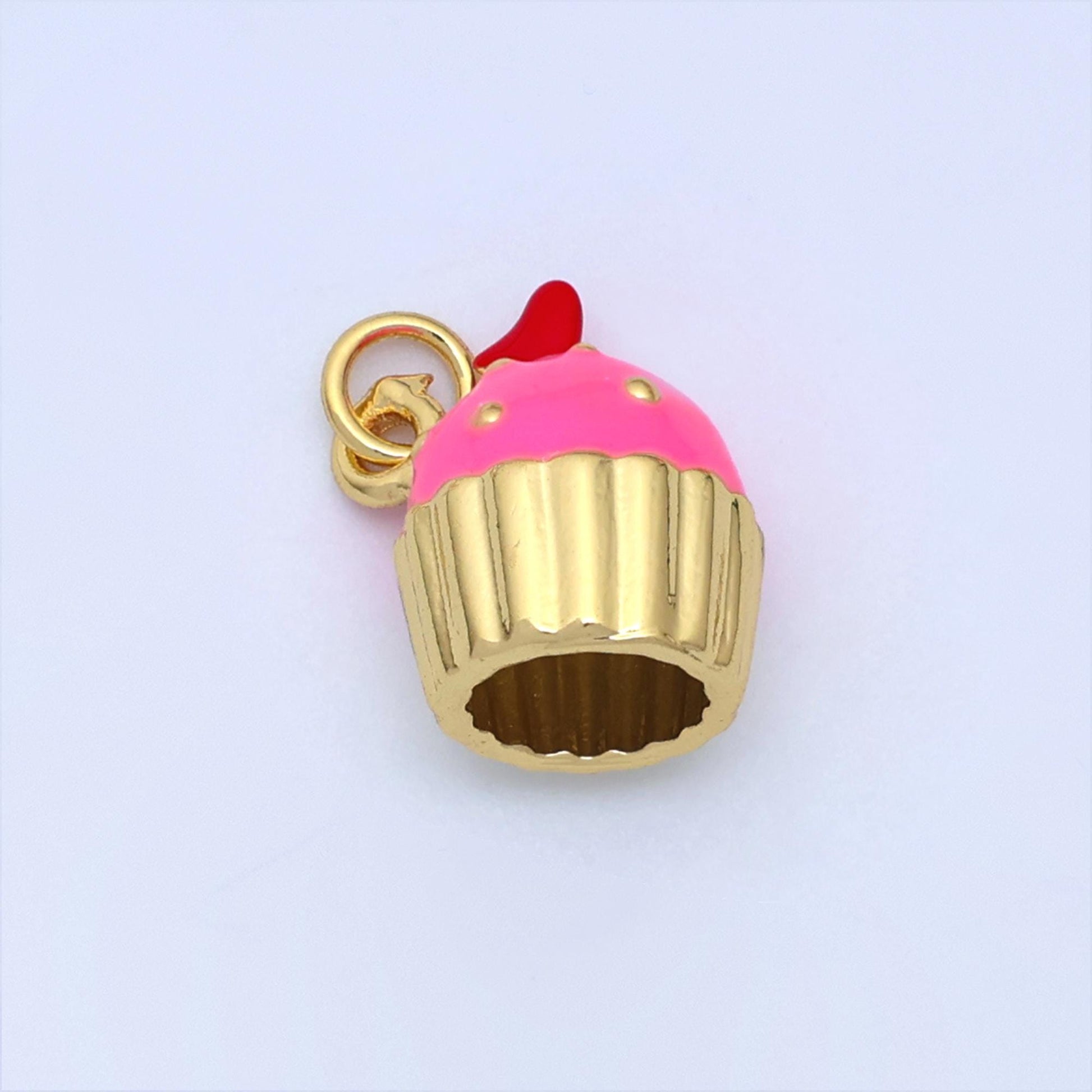 24k gold filled pink, sprinkled cover cupcake w/ cherry on top kids enamel charms | C051
