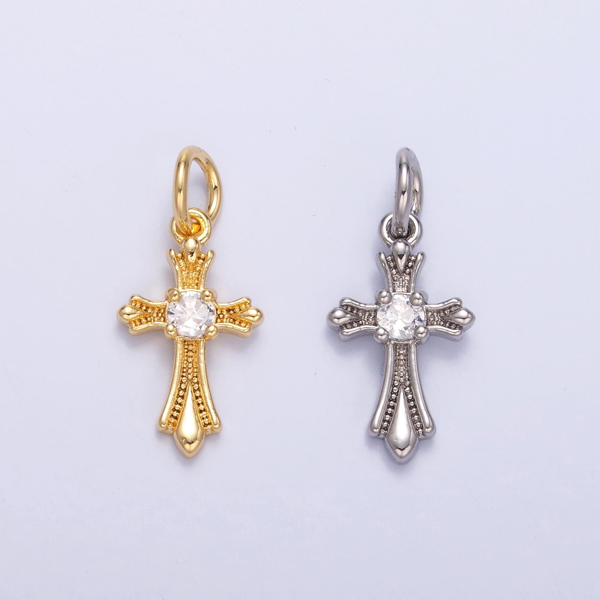 Dainty Gold Silver Cross Charms, 24K Gold Filled Micro Paved Clear CZ Religious Cross Pendant | N-002