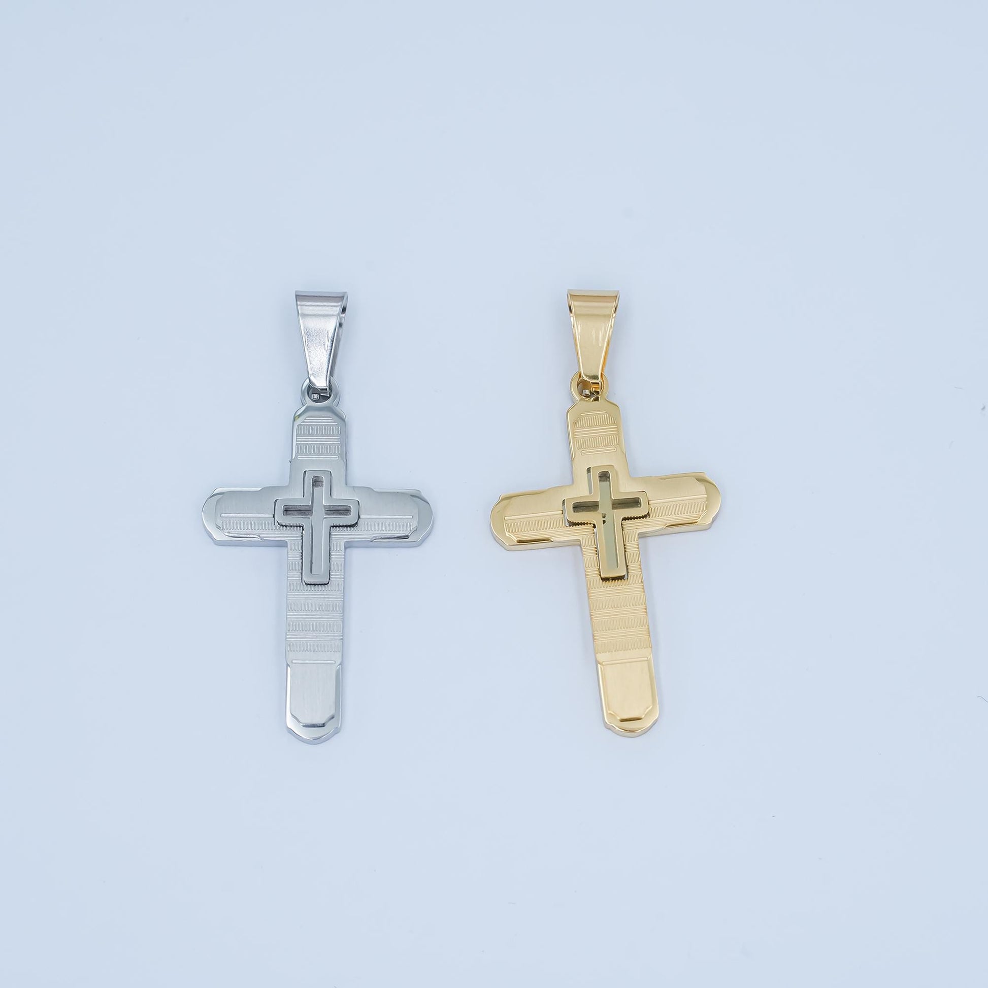 PVD Gold Cross Pendant Necklace Layered Textured Design Religious Jewelry for Men & Women Catholic Christian Gift Baptism Charm P-1048