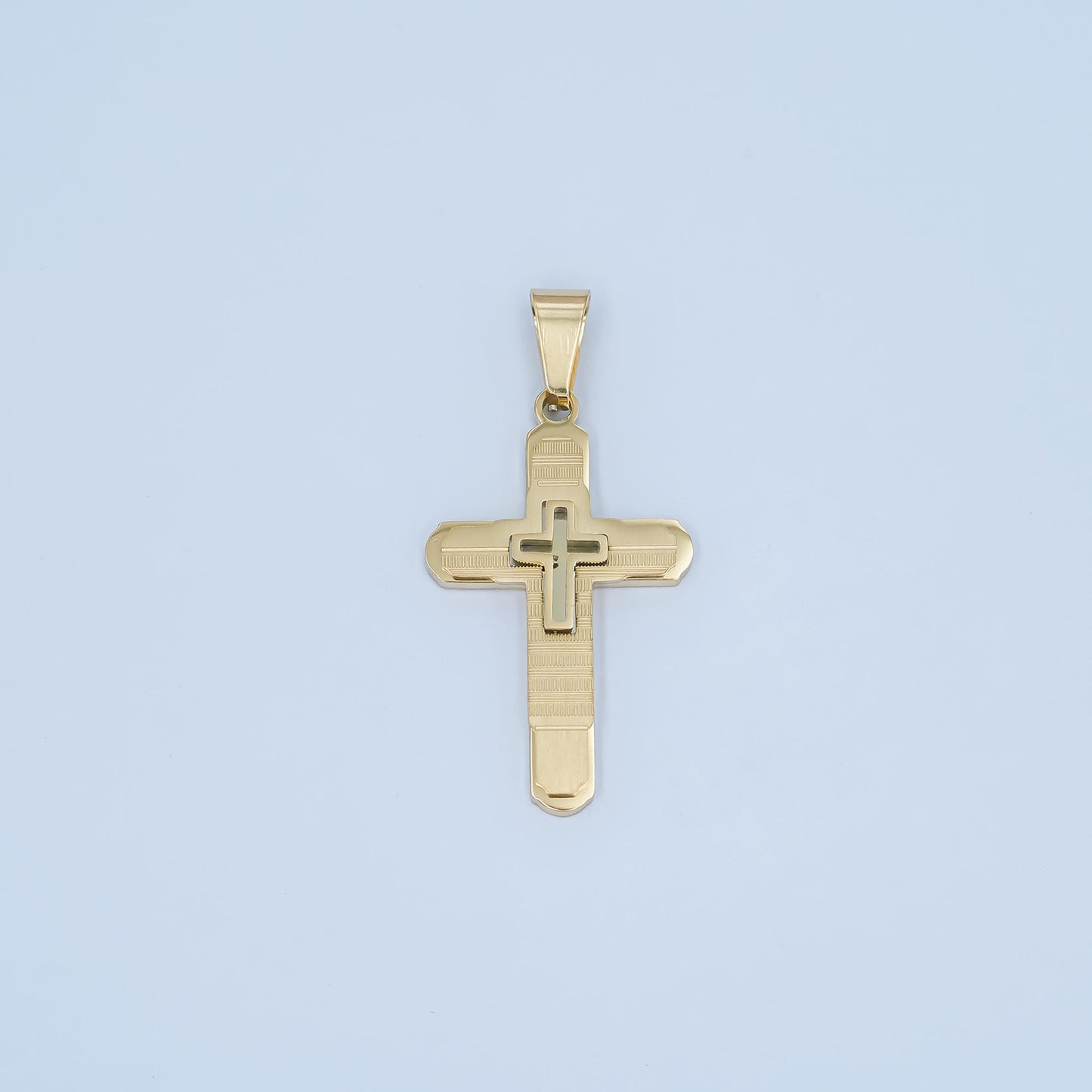 PVD Gold Cross Pendant Necklace Layered Textured Design Religious Jewelry for Men & Women Catholic Christian Gift Baptism Charm P-1048