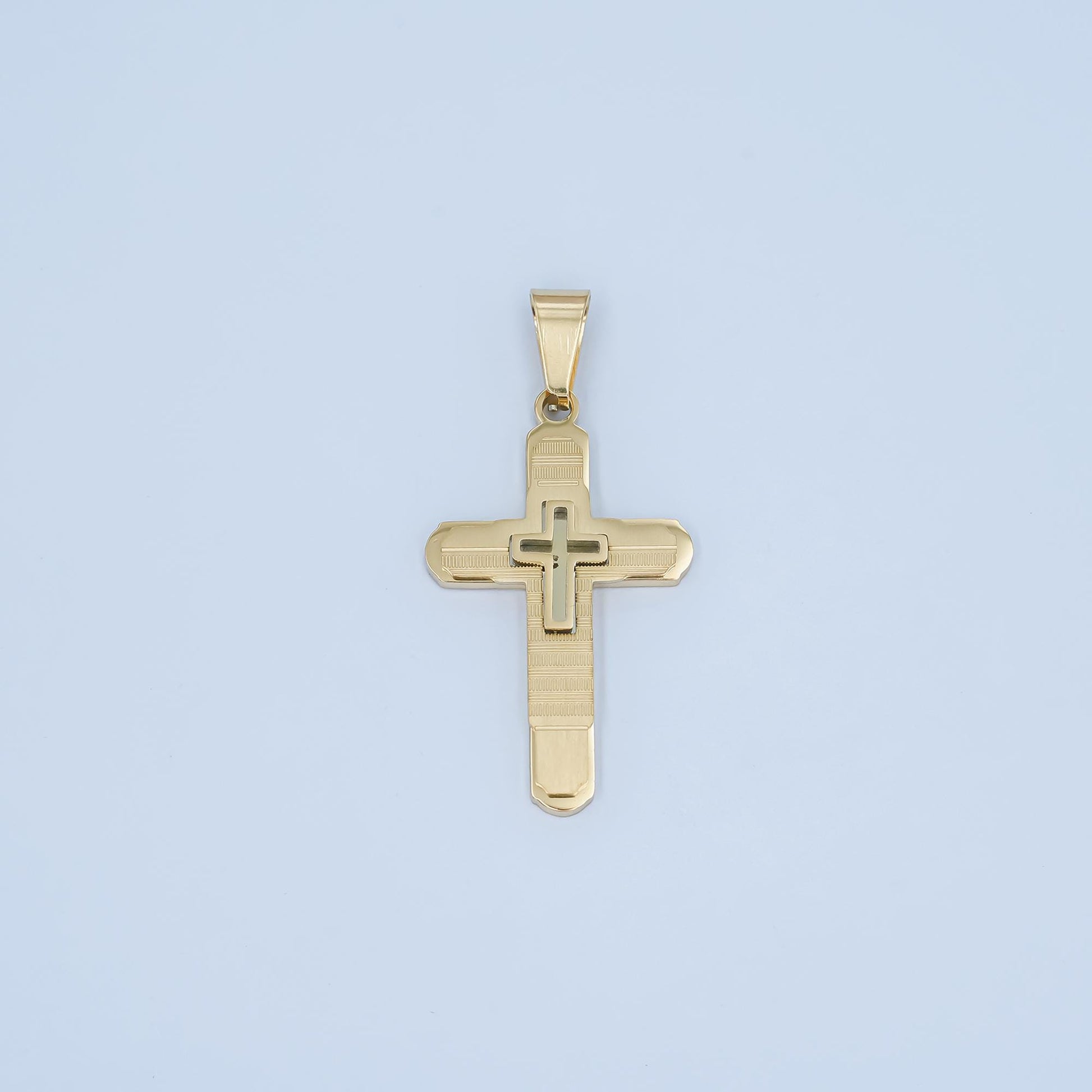 PVD Gold Cross Pendant Necklace Layered Textured Design Religious Jewelry for Men & Women Catholic Christian Gift Baptism Charm P-1048