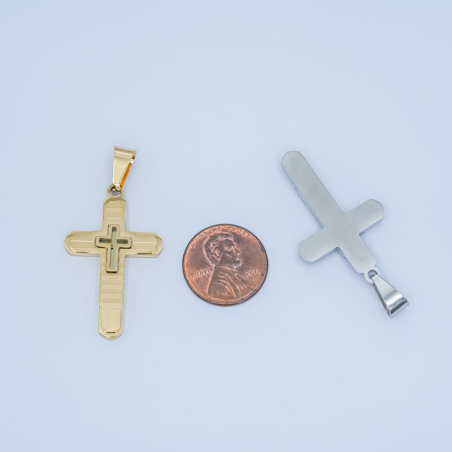 PVD Gold Cross Pendant Necklace Layered Textured Design Religious Jewelry for Men & Women Catholic Christian Gift Baptism Charm P-1048