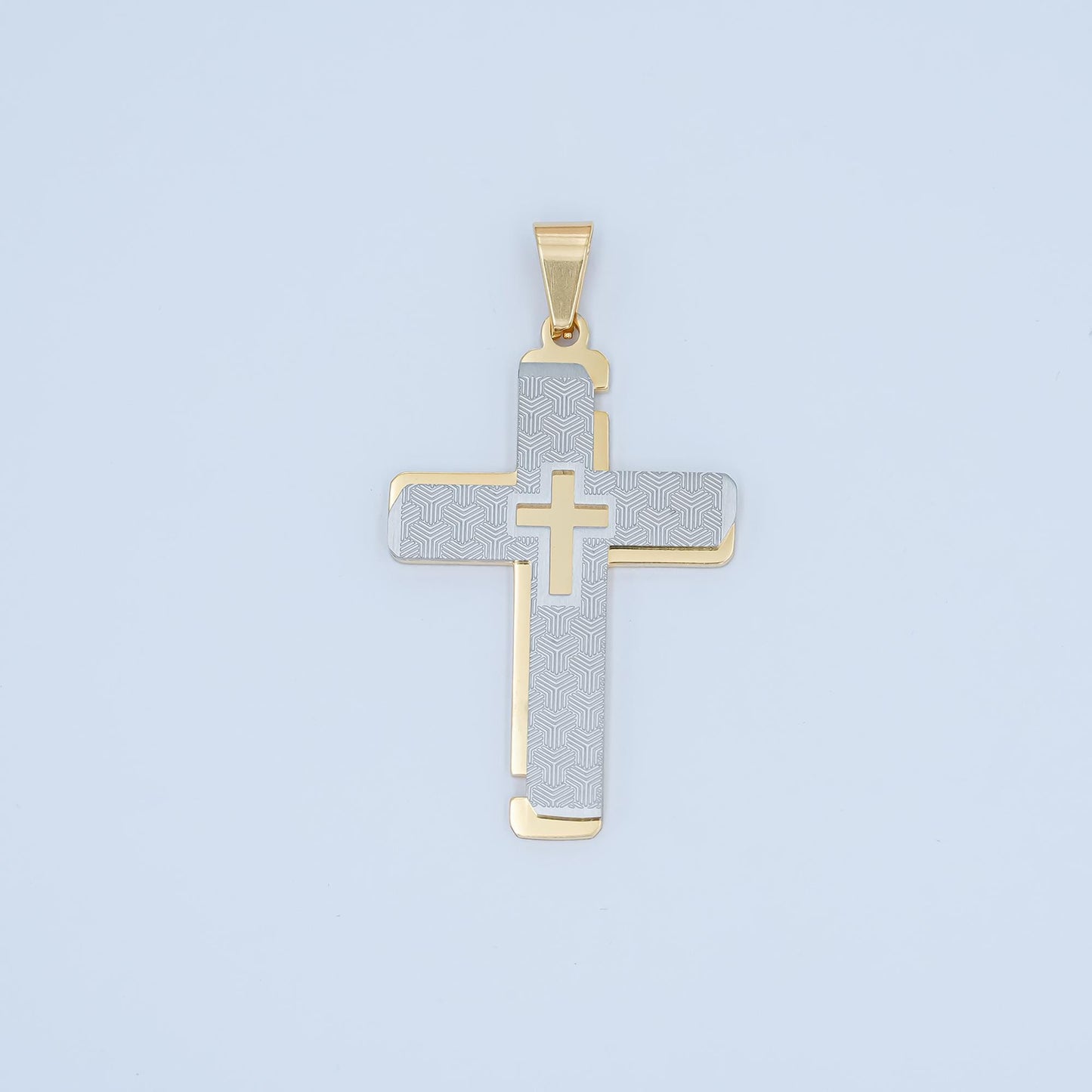Two-Tone Gold & Silver Cross Pendant Necklace Layered Textured Design Religious Jewelry for Men Women Catholic Christian Charm P-1049