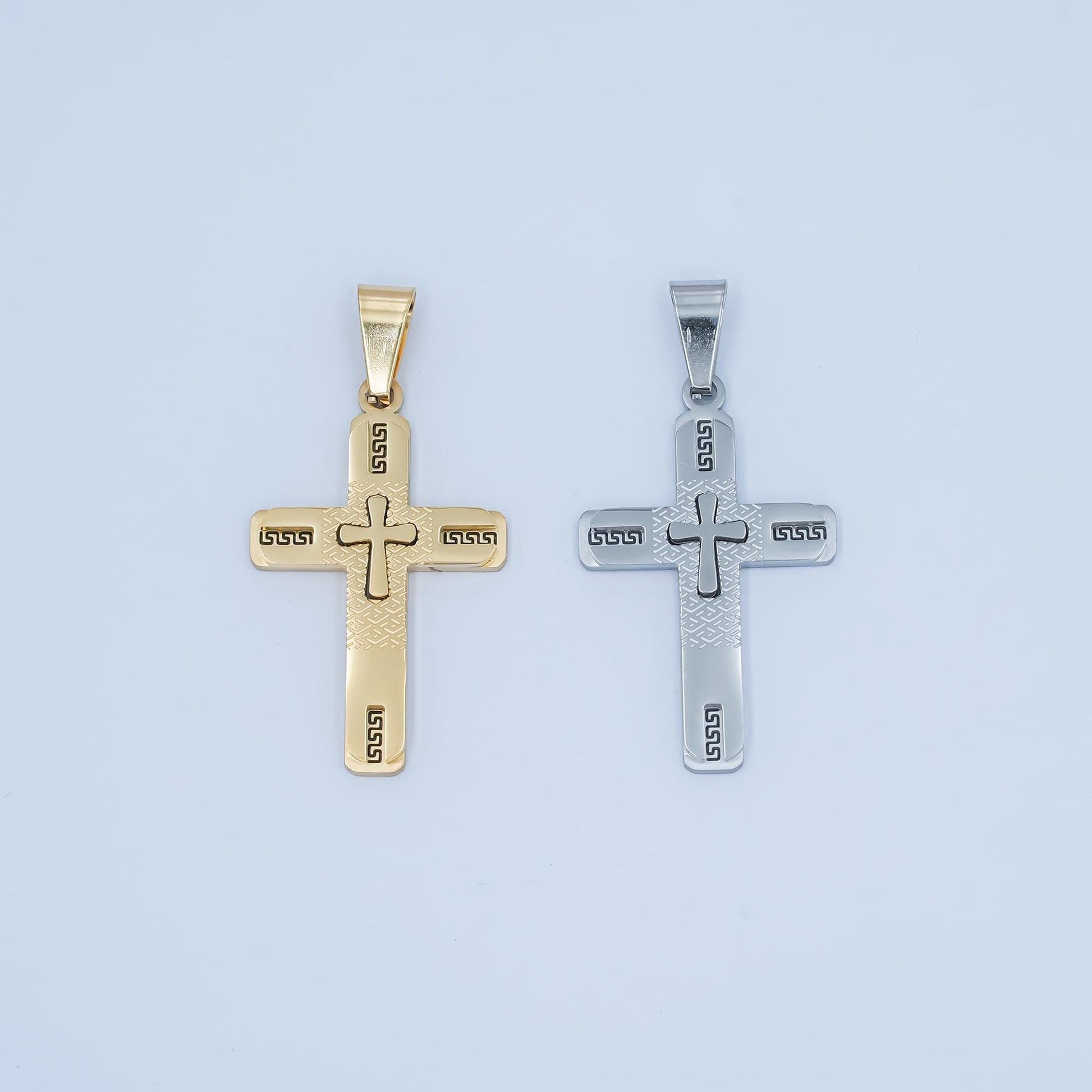 PVD Gold Cross Pendant Necklace Layered Textured Design Religious Jewelry for Men Women Catholic Christian Stainless Steel Charm P-1053