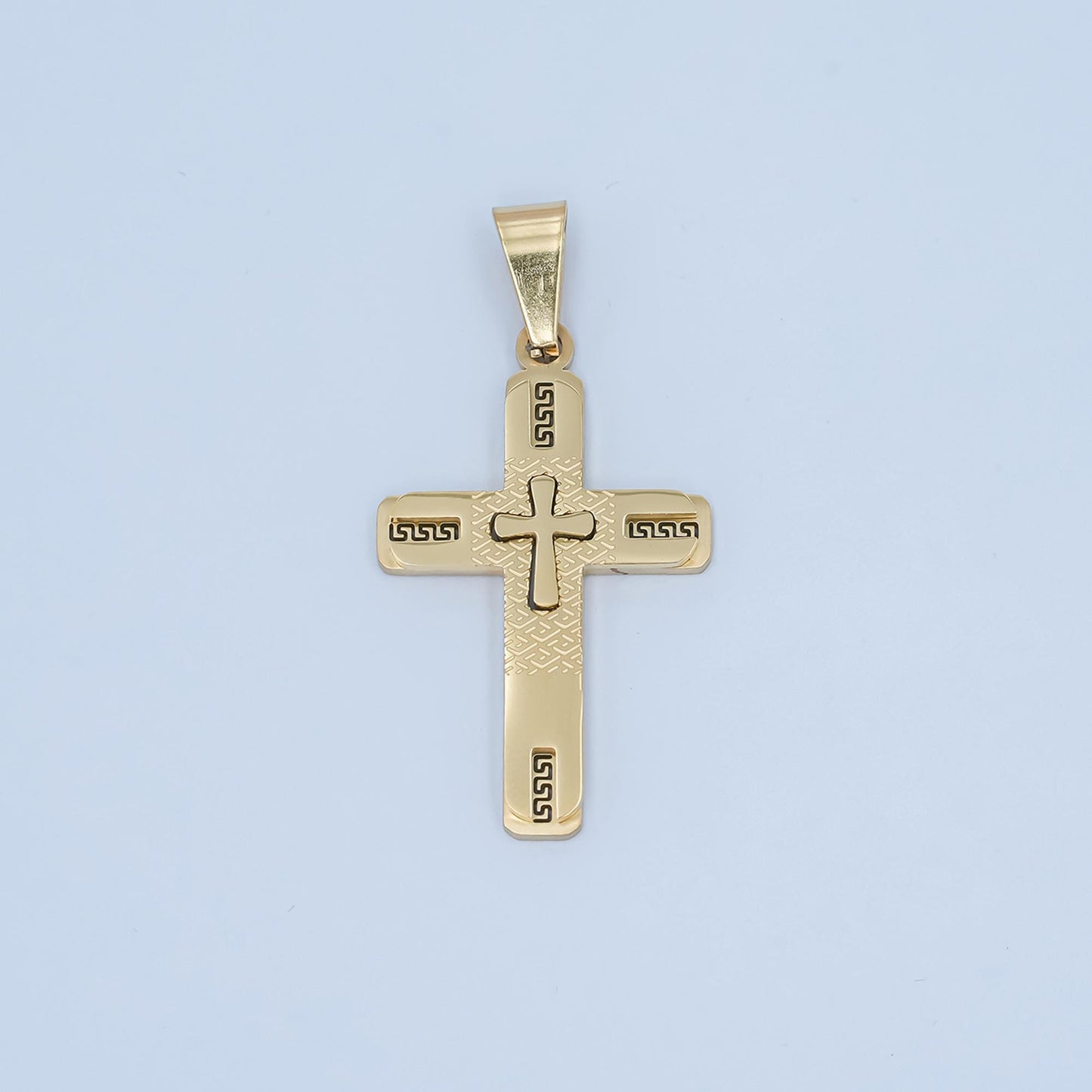 PVD Gold Cross Pendant Necklace Layered Textured Design Religious Jewelry for Men Women Catholic Christian Stainless Steel Charm P-1053