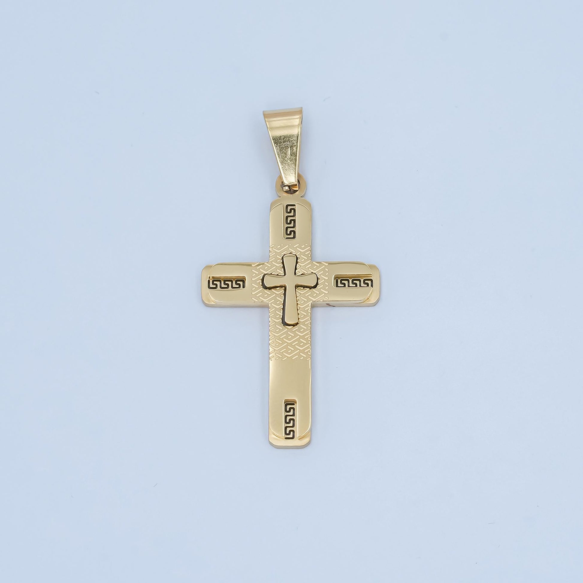 PVD Gold Cross Pendant Necklace Layered Textured Design Religious Jewelry for Men Women Catholic Christian Stainless Steel Charm P-1053