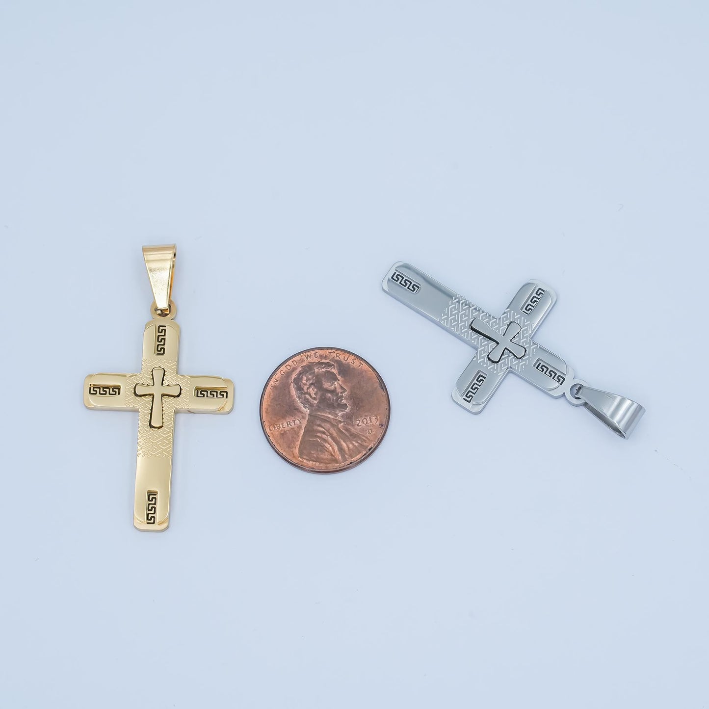 PVD Gold Cross Pendant Necklace Layered Textured Design Religious Jewelry for Men Women Catholic Christian Stainless Steel Charm P-1053
