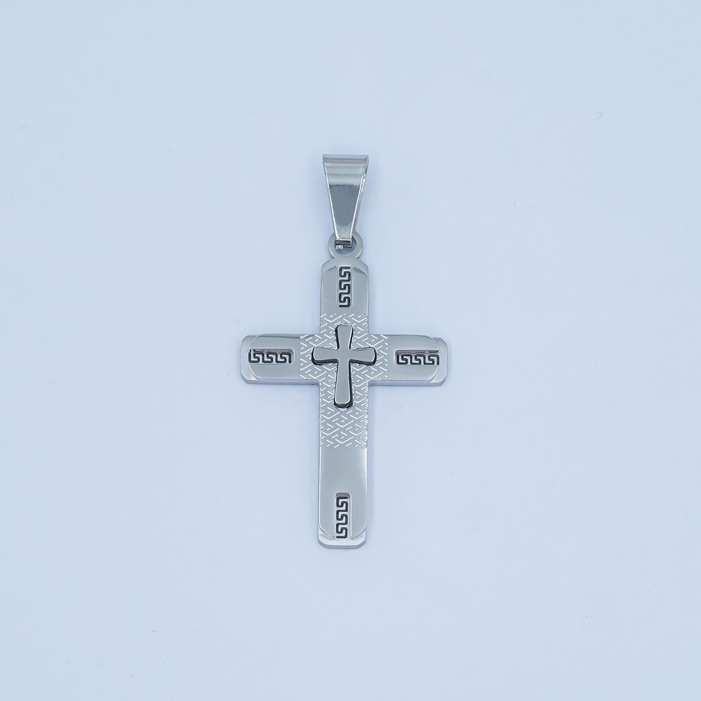 PVD Gold Cross Pendant Necklace Layered Textured Design Religious Jewelry for Men Women Catholic Christian Stainless Steel Charm P-1053