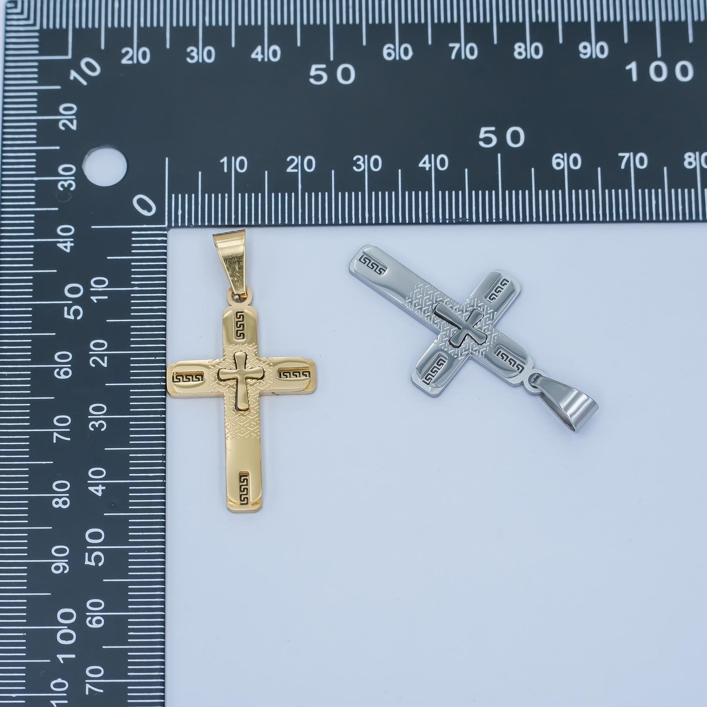 PVD Gold Cross Pendant Necklace Layered Textured Design Religious Jewelry for Men Women Catholic Christian Stainless Steel Charm P-1053