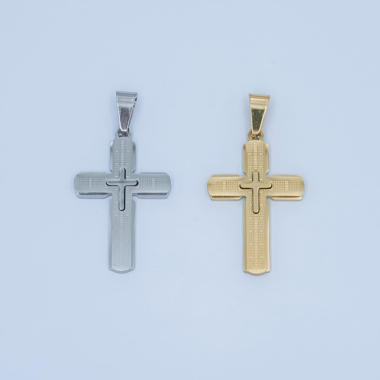 Stainless Steel Cross Pendant – Gold & Silver Options, Textured Layered Design, Christian Necklace for Men, Religious Faith Jewelry Supply
