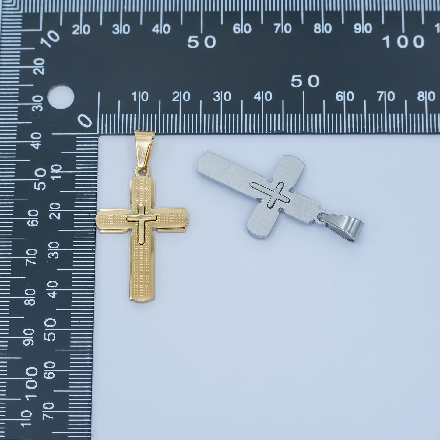 Stainless Steel Cross Pendant – Gold & Silver Options, Textured Layered Design, Christian Necklace for Men, Religious Faith Jewelry Supply