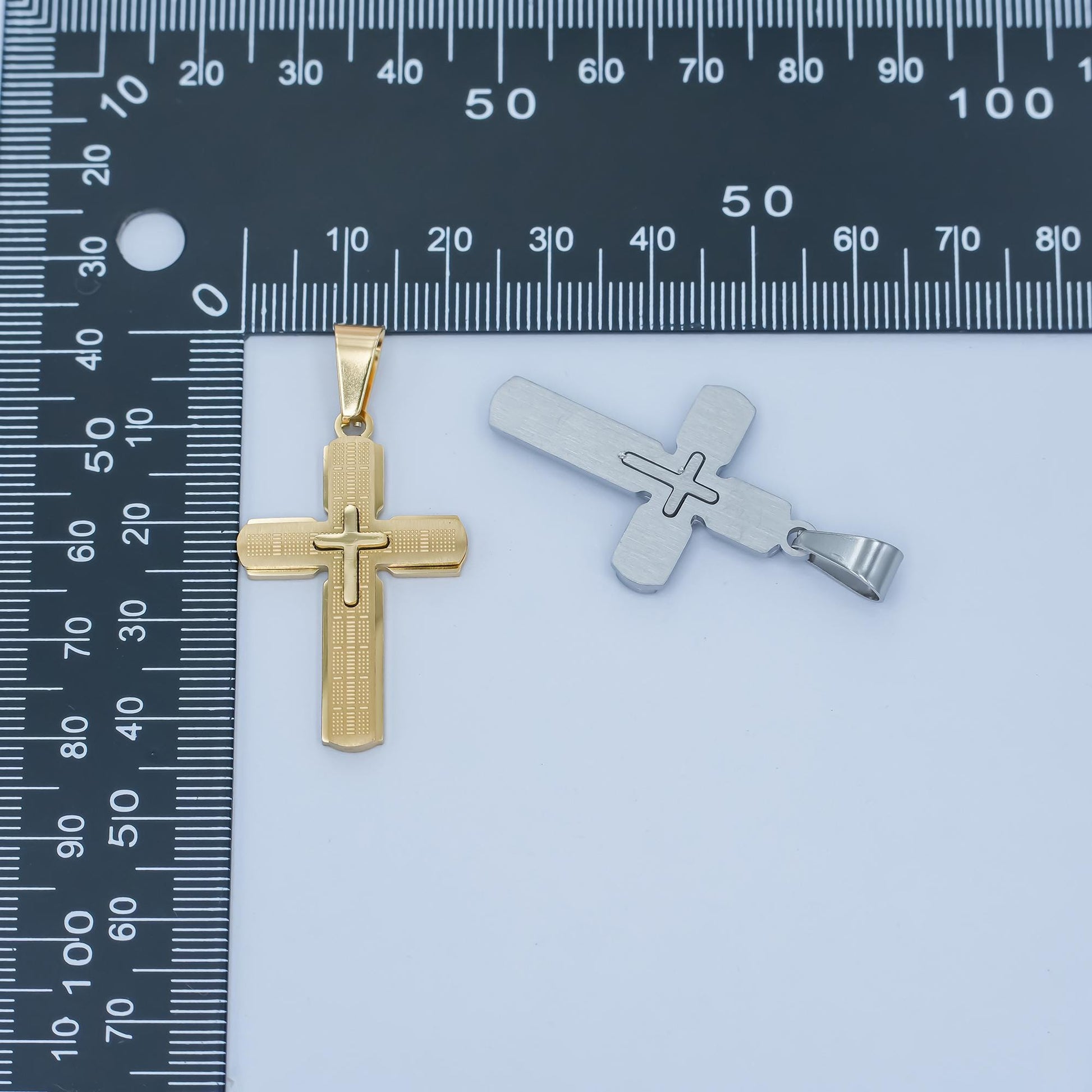 Stainless Steel Cross Pendant – Gold & Silver Options, Textured Layered Design, Christian Necklace for Men, Religious Faith Jewelry Supply