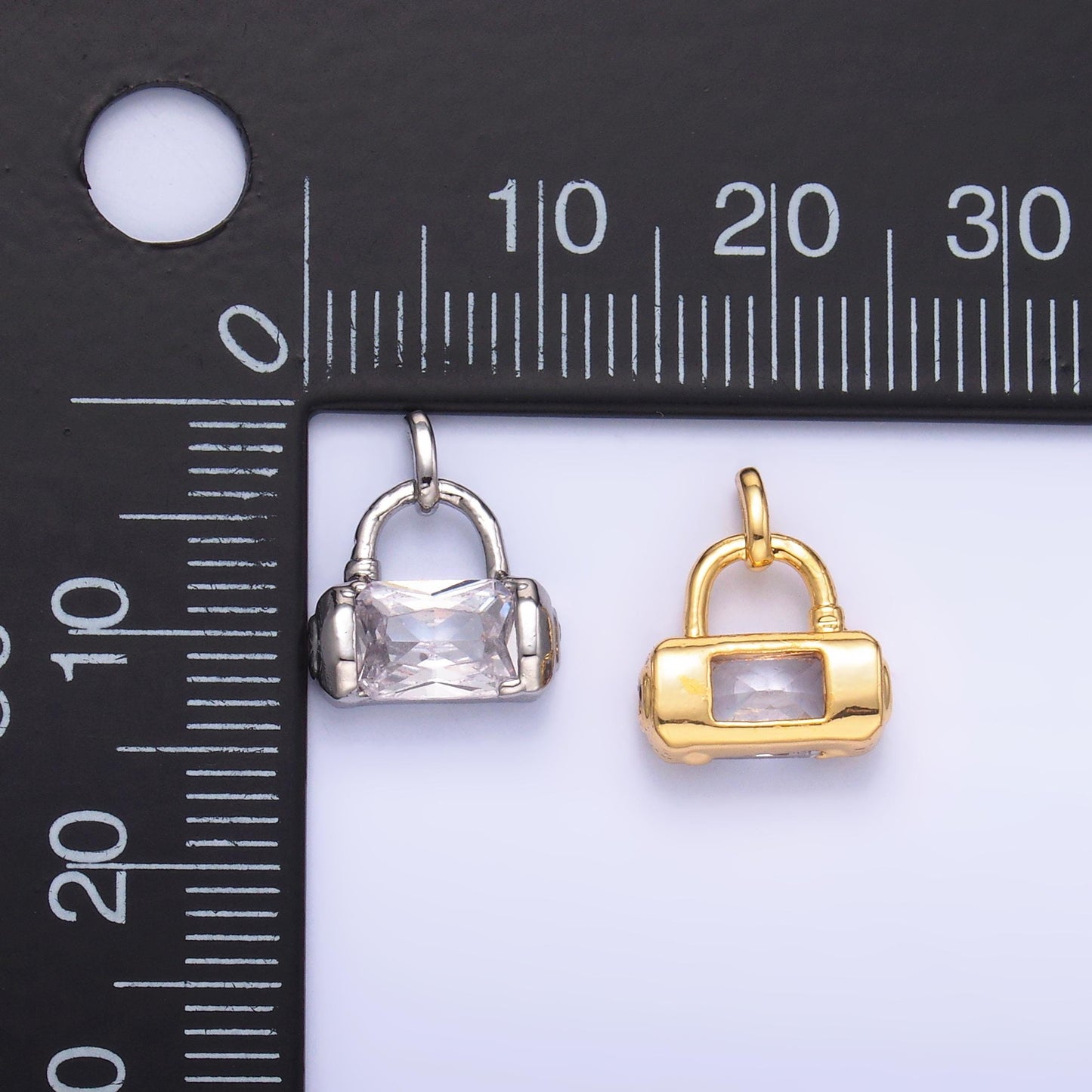 24K Gold Filled CZ Clear Padlock Bag Purse Fashion Charm in Gold & Silver | AA-1486