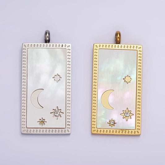 Pearl shell moon star rectangular minimalist cz charm pendant in gold & silver | p669 - p667