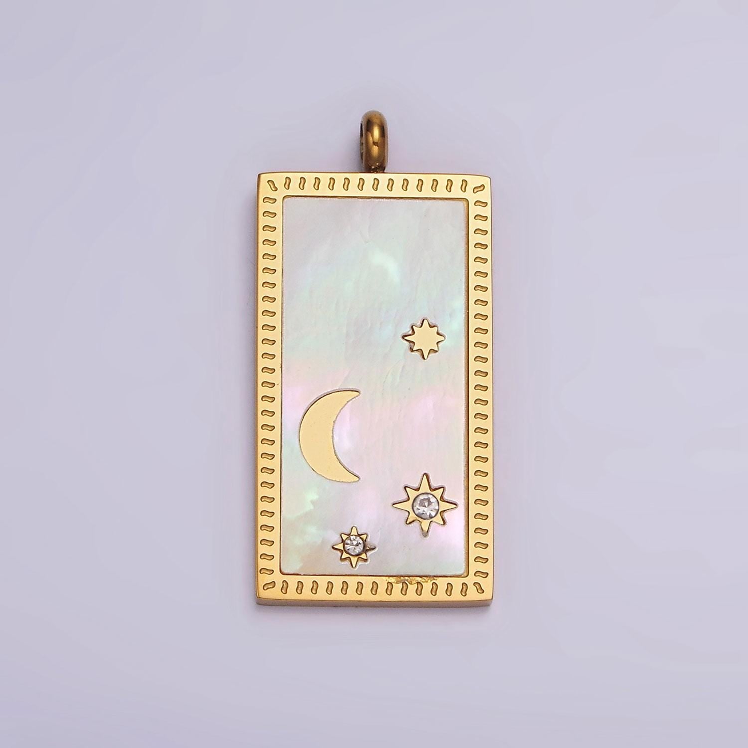 Pearl shell moon star rectangular minimalist cz charm pendant in gold & silver | p669 - p667